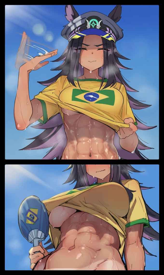 1girls, 2d, abs, ai generated, animal ears, big breasts, black hair, blue sky, blush, brazil, brazilian flag, breasts, closed eyes, closed mouth, clothes lift, comic, dark skin, dark-skinned female, ears through headwear, fanning self, female, female only, fenomeno (umamusume), hand fan, hat, holding, holding fan, horse ears, horse girl, hot, large breasts, lifted by self, long hair, multicolored hair, muscular, muscular female, navel, paper fan, shirt, shirt lift, short sleeves, sky, sloppingslurpie, smile, solo, solo female, sweat, sweatdrop, tan, tan body, tan skin, tanlines, toned, uchiwa, umamusume, umamusume pretty derby, underboob, upper body, very sweaty, yellow shirt