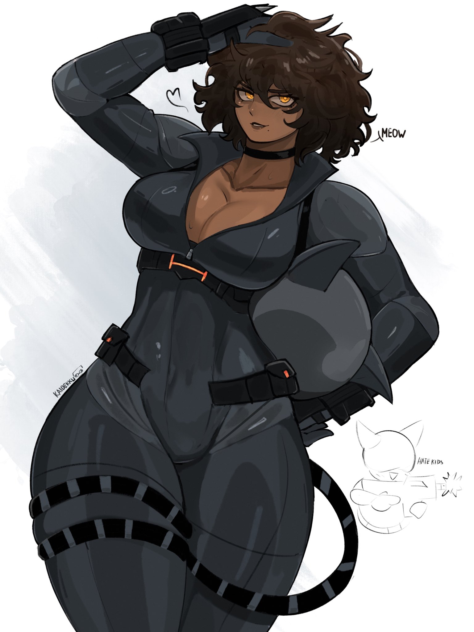 1girls, absolute catwoman, absolute dc, big breasts, breasts, catwoman, cleavage, clothed, clothed female, clothing, dark skin, dark-skinned female, dc, dc comics, dialogue, female, female only, heart, hips, kaidekku, latina, messy hair, orange eyes, selina kyle, solo, solo female, text, thick thighs, thighs, watermark