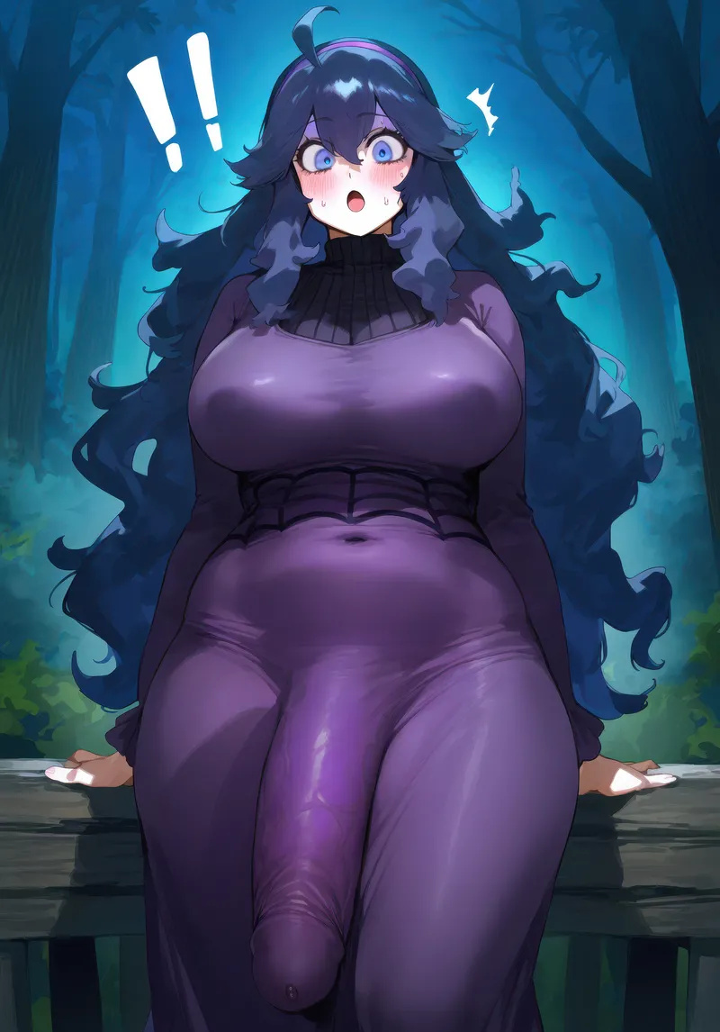 ai generated, bare thighs, big penis, black hair, blue eyes, blush, breasts, bulge, bulge through clothing, female, futa only, futanari, game freak, gigantic breasts, gigantic penis, gomzai, hairband, hex maniac, huge breasts, huge cock, huge thighs, intersex, light skin, light-skinned female, long dress, long hair, massive breasts, nintendo, open mouth, penis, pokemon, pokemon xy, thick body, thick female, thick thighs, thighs, very long hair, voluptuous, voluptuous futa