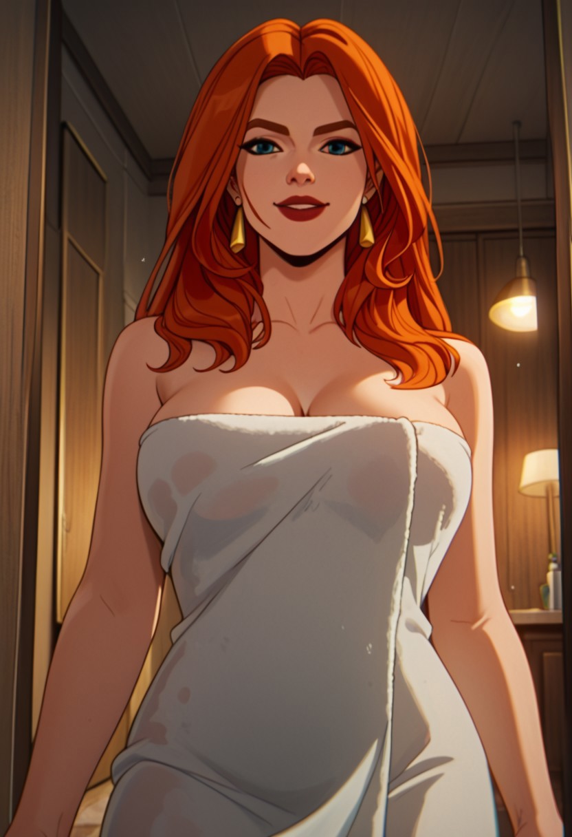 ai generated, bedroom, dark.drakus, female, jean grey, low light, marvel, marvel comics, red hair, smile, standing, towel, x-men, x-men 97
