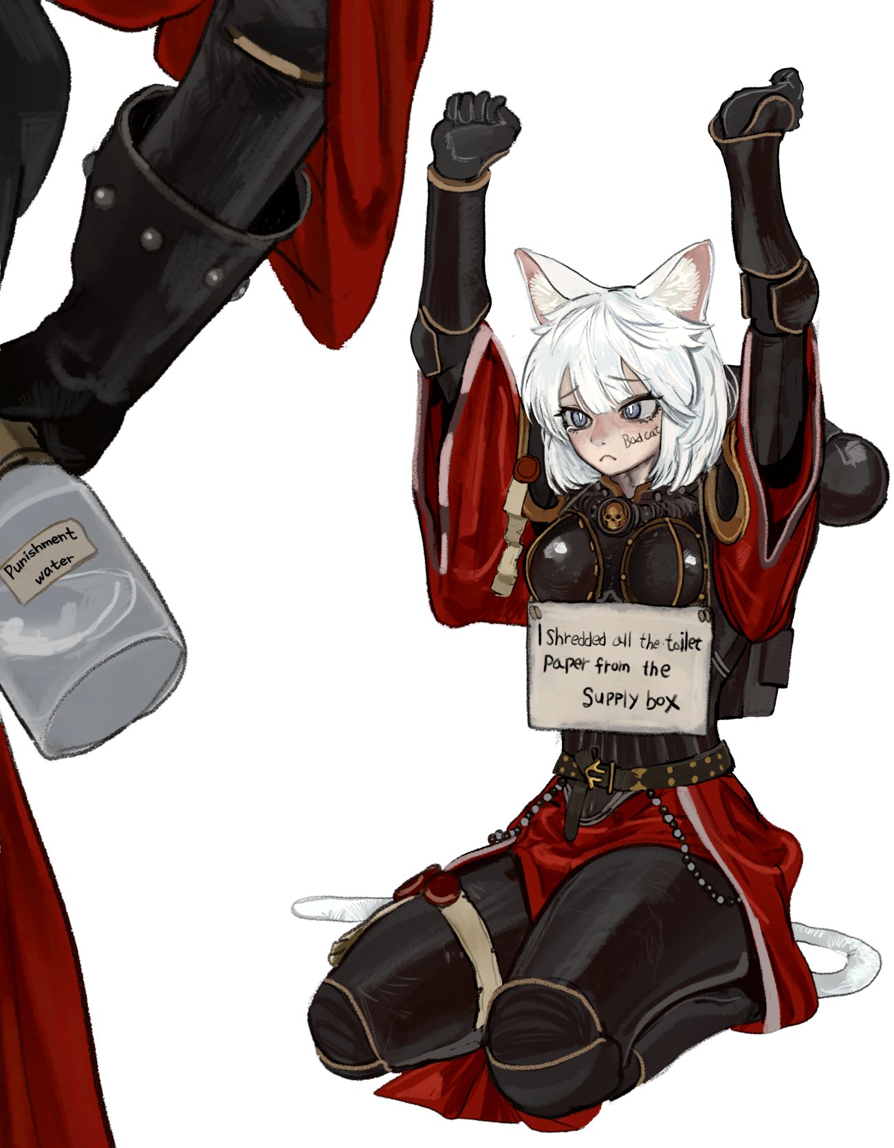 101ho, 1girls, armor, armored female, blue eyes, cat ears, cat girl, cat tail, catgirl, comic, fangs, felinid, felinid sisters comic (101ho), female, pale skin, pale-skinned female, short hair, sister of battle, text, warhammer (franchise), warhammer 40k, white body, white fur, white hair, white skin