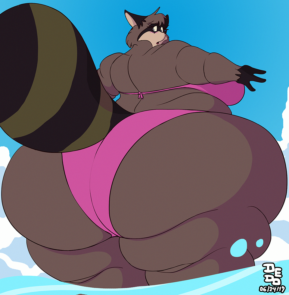 2017 anthro ass big_butt bikini clothing dedoarts female huge_butt hyper hyper_butt lionalliance mammal overweight overweight_female procyonid raccoon solo swimwear the_raccoons what