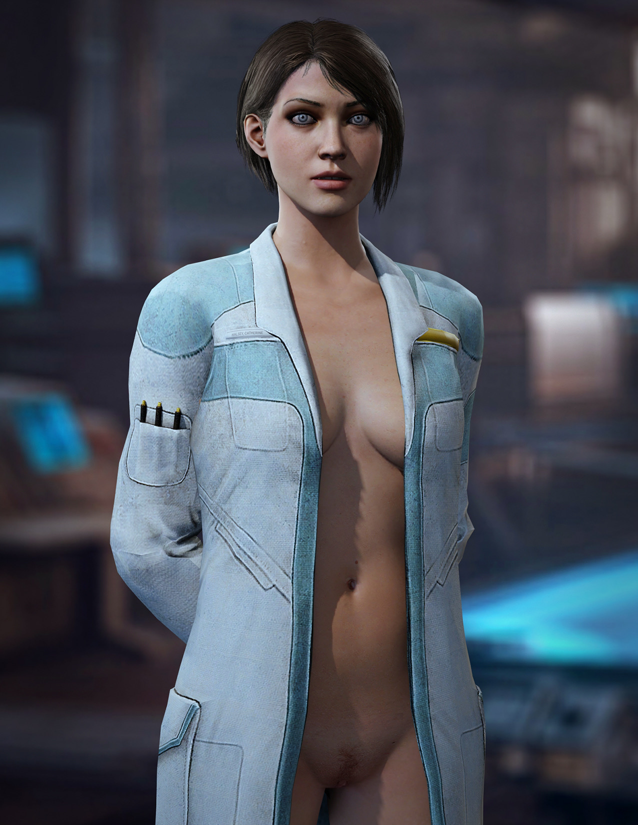 1girls, 3d, breasts, brown hair, catherine halsey, female, female only, halo (series), hantzgruber, labcoat, labcoat only, naked labcoat, navel, nude, pubic hair, solo female