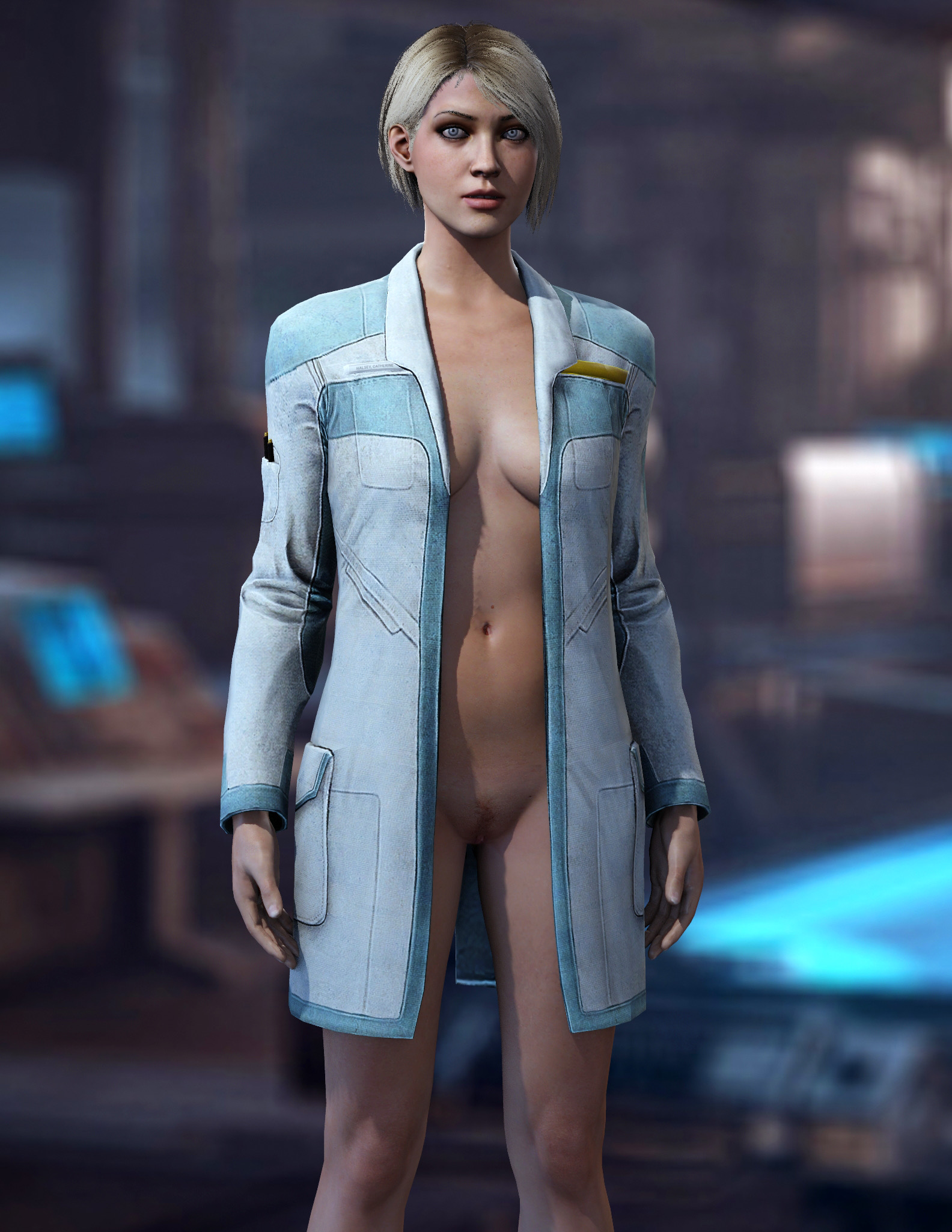 3d, blonde hair, breasts, female, halo (series), navel, no artist, no source, nude, pubic hair
