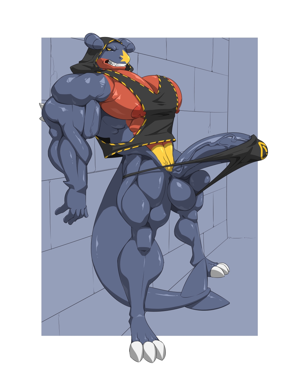 abs biceps bulge garchomp huge_cock kartos male male_focus male_only muscles muscular_back muscular_legs muscular_male muscular_thighs nipples pokemon pokemon_(species)