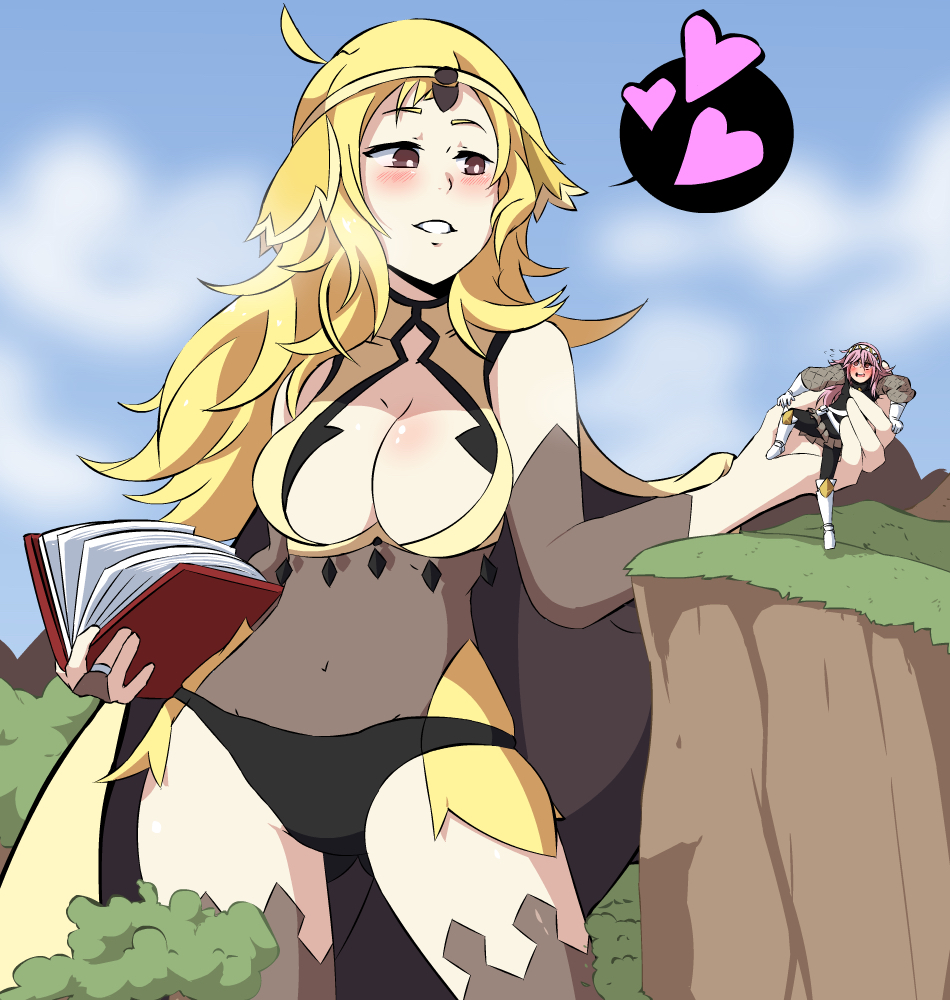 2girls bare_thighs black_panties blonde_hair blush bodystocking book cape cleavage fire_emblem fire_emblem_fates giantess herretik holding_object large_breasts nintendo ophelia_(fire_emblem) panties pink_hair size_difference smile soleil_(fire_emblem) source_request spoken_heart thighs