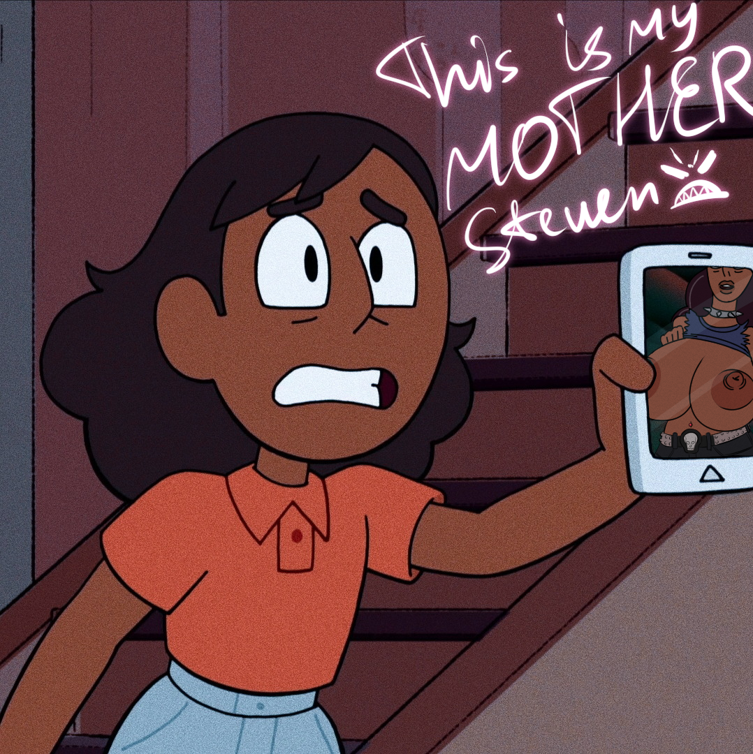 accurate art style, breasts, brown skin, cartoon network, choker, connie maheswaran, diklonius, edit, female, female only, huge breasts, long hair, milf, name drop, phone, piercing, priyanka maheswaran, screenshot edit, steven universe, steven universe future
