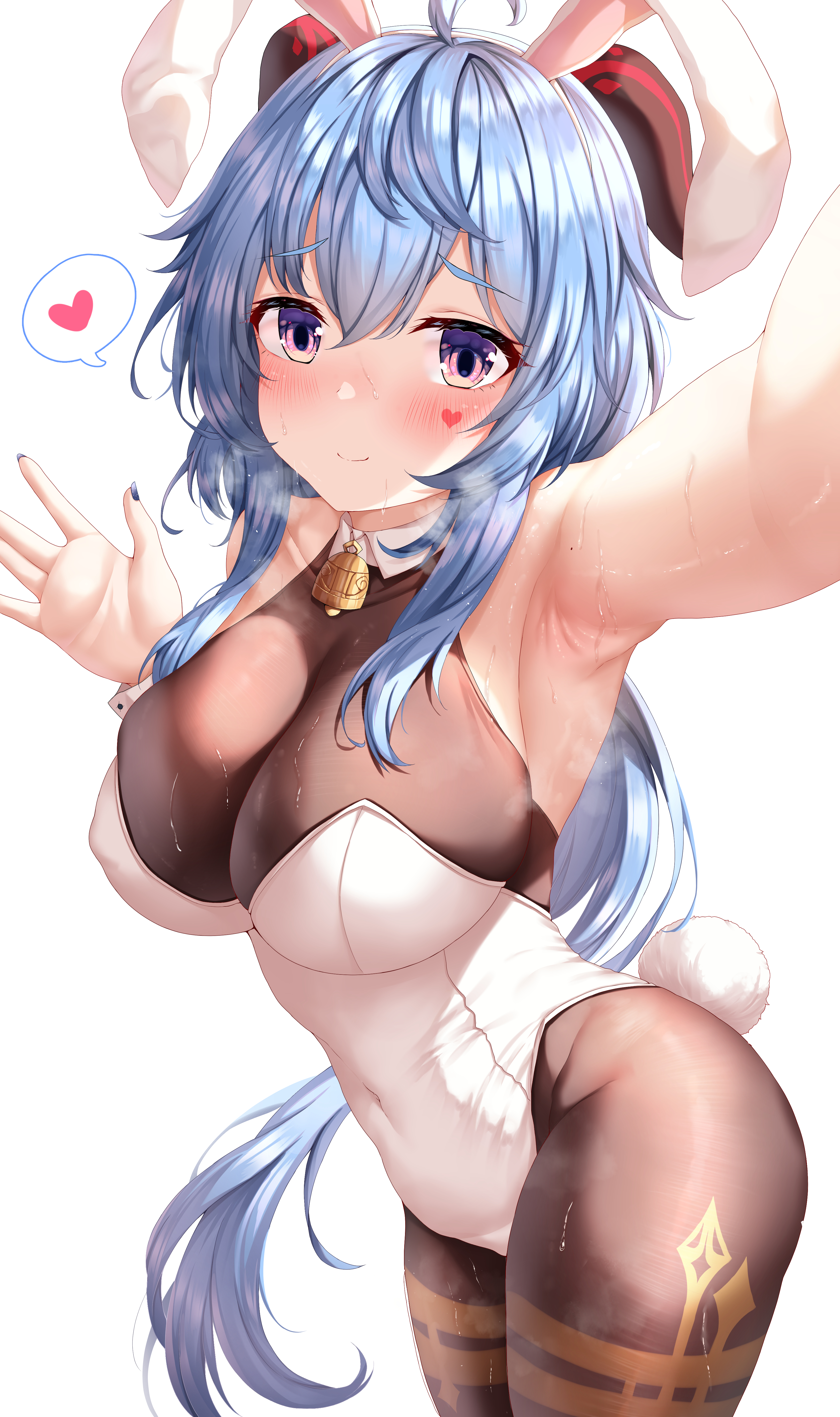1girls, animal ears, armpits, bangs, bell, big breasts, blue hair, blue nails, blush, bodystocking, breasts, brown legwear, bunny ears, bunny tail, closed mouth, covered navel, cowbell, cute, eye contact, eyebrows visible through hair, facial mark, fake animal ears, feet out of frame, female, female only, ganyu (genshin impact), genshin impact, hair between eyes, haqu, heart, hi res, high resolution, highres, horns, huge breasts, large breasts, large filesize, leaning forward, leotard, light skin, light-skinned female, long hair, looking at viewer, nail polish, neck bell, outstretched arm, pantyhose, playboy bunny, purple eyes, selfie, simple background, skindentation, smile, solo, solo female, spoken heart, strapless, sweat, tail, very high resolution, very long hair, white background, white leotard, wide eyed, wide hips