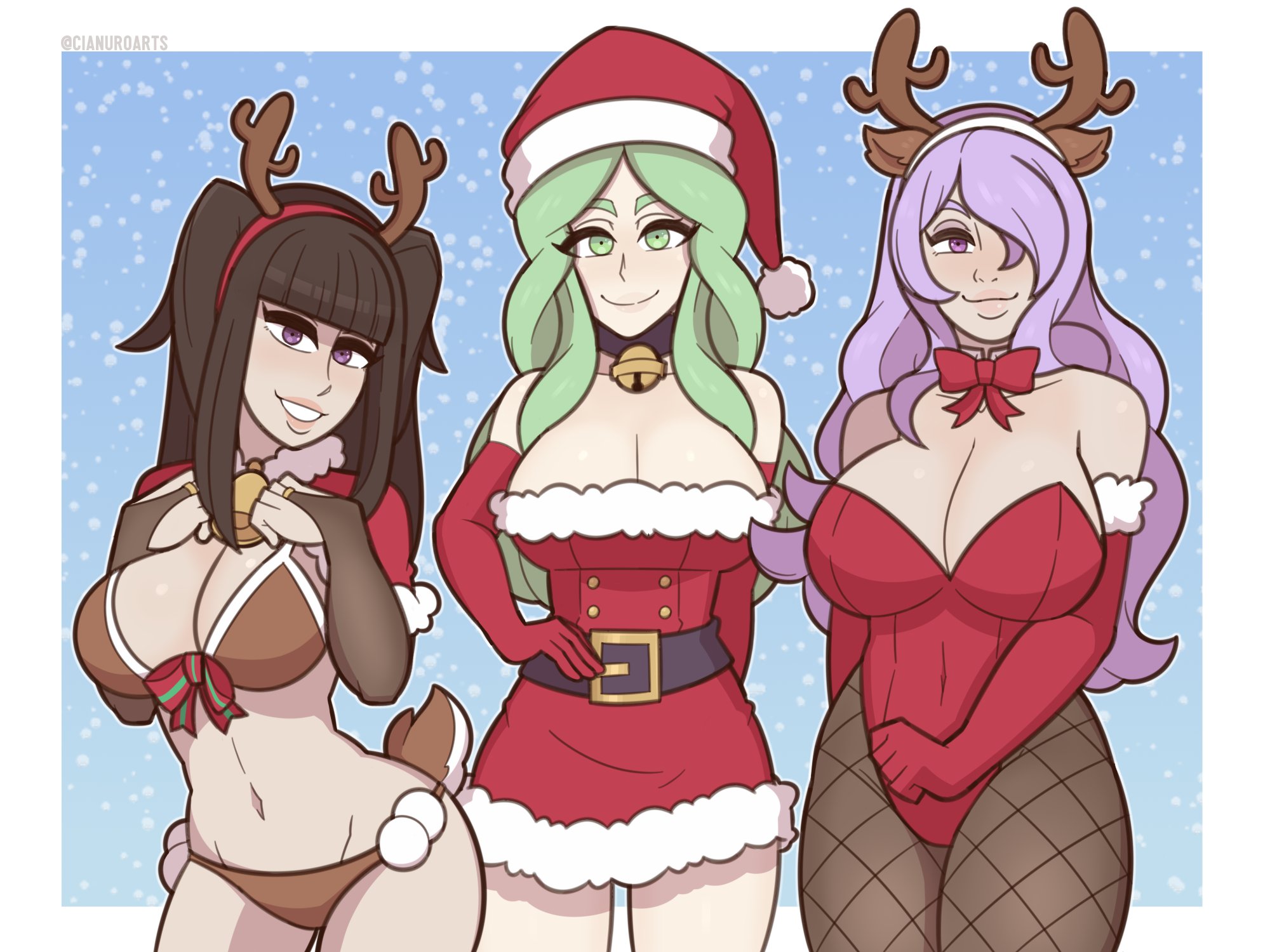 3girls, alternate costume, animal tail, antler headband, bare shoulders, bell collar, belly button, belt, bikini, black eyes, black hair, bowtie, bowtie collar, breasts, brown bikini, camilla (fire emblem), capelet, christmas, christmas outfit, cianuroarts, cleavage, clothed, clothing, collar, covered navel, crossover, elbow gloves, female, fire emblem, fire emblem awakening, fire emblem fates, fire emblem: three houses, fishnet legwear, fishnets, green eyes, green hair, long hair, looking at viewer, navel, nintendo, purple eyes, purple hair, red gloves, reindeer antlers, reindeer tail, rhea (fire emblem), santa costume, santa hat, strapless dress, strapless leotard, tharja (fire emblem)