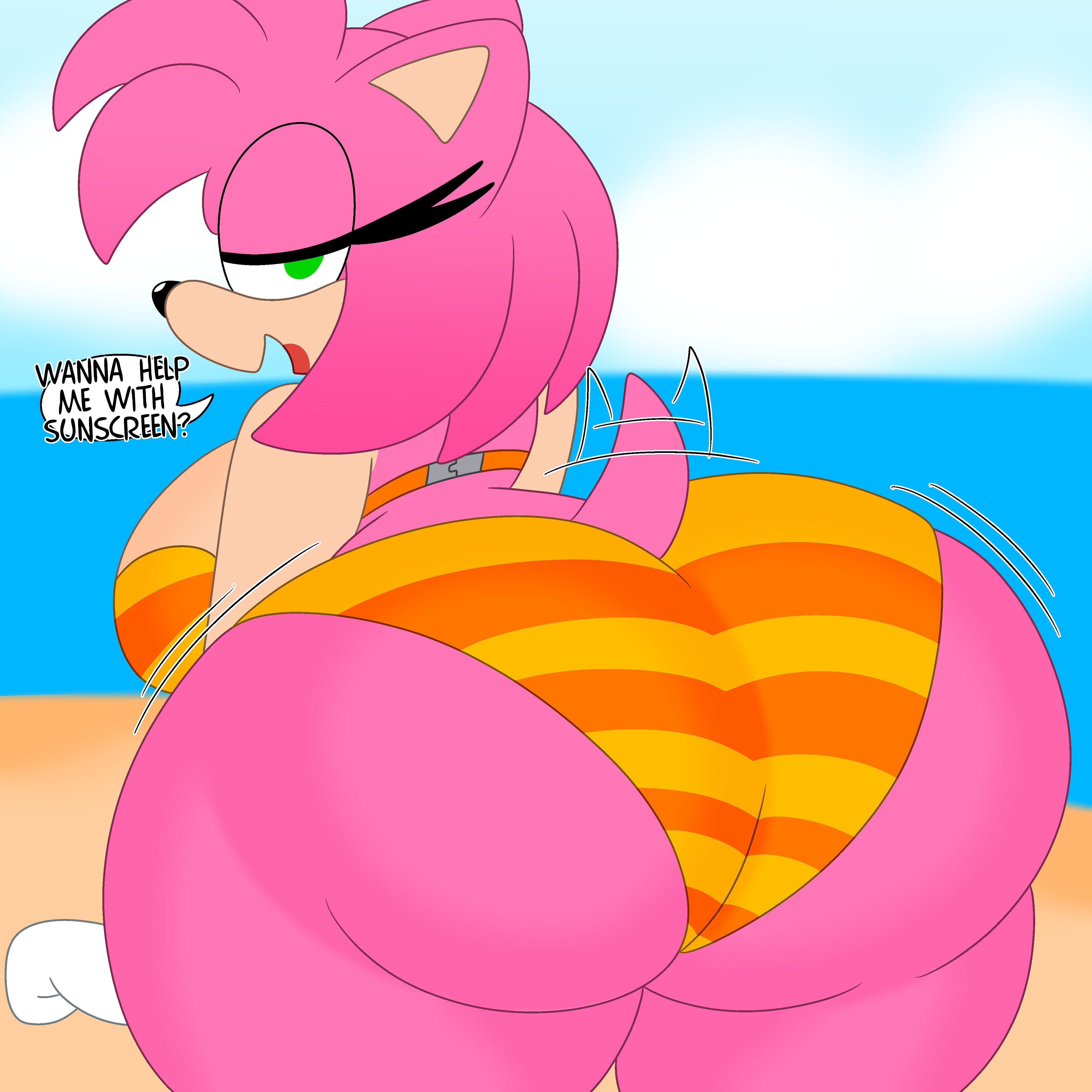 1girls, 3barts, amy rose, anthro, ass, beach, bedroom eyes, big ass, big breasts, breasts, bubble ass, bubble butt, dialogue, fat ass, female, female only, half-closed eyes, hedgehog, huge ass, huge breasts, looking at viewer, looking back, outdoors, pink hair, pink skin, seductive, sideboob, smile, solo, sonic (series), striped bikini, talking to viewer, thick thighs, wide hips