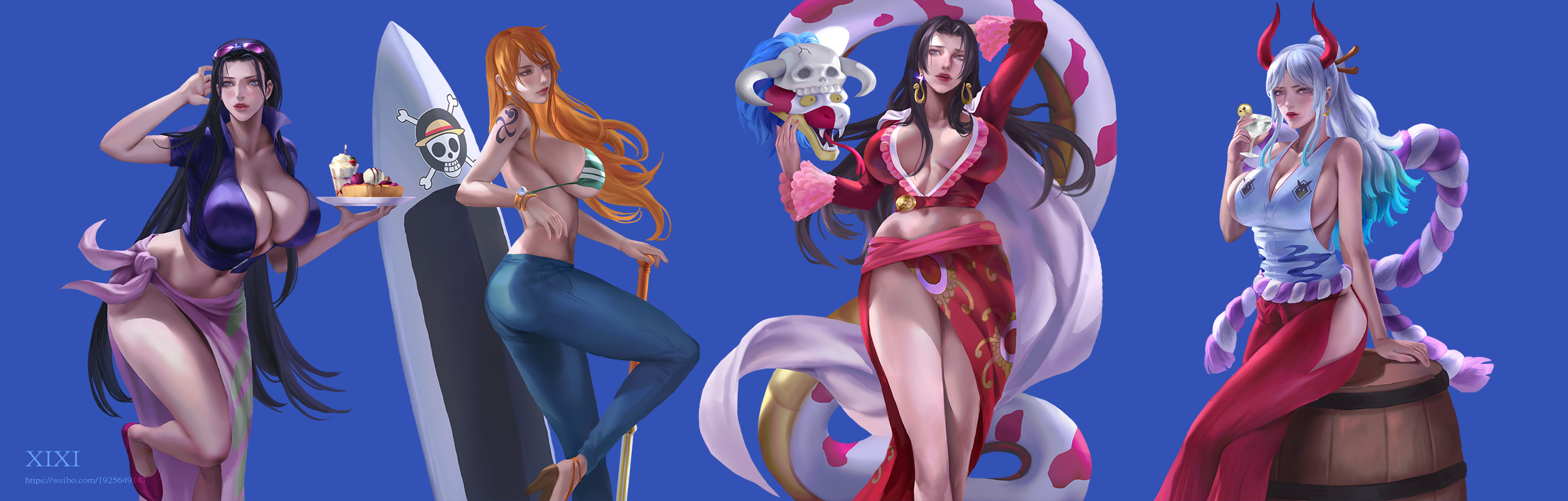 4girls, bikini, black hair, black-haired female, boa hancock, breasts, female, female only, hakama, jeans, multiple females, multiple girls, nami (one piece), nico robin, one piece, orange hair, orange-haired female, pirate, post-timeskip, sarong, shounen jump, snake, striped bikini, sunglasses, white hair, white-haired female, yamato (one piece)