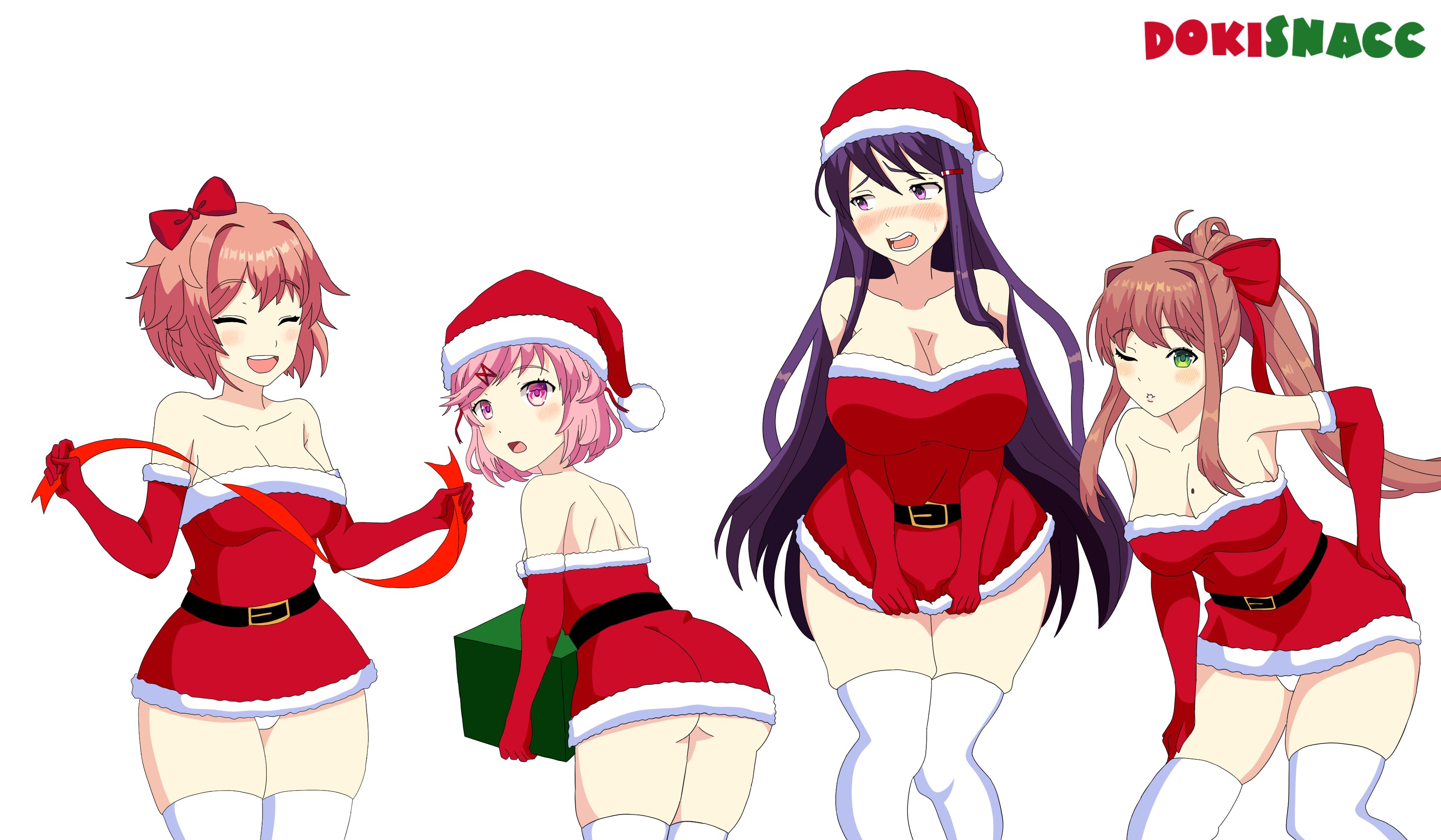 4girls, ass, big breasts, blush, breasts, christmas, christmas outfit, closed eyes, doki doki literature club, dokisnacc, eye contact, female, female only, green eyes, hair ribbon, long hair, looking at viewer, monika (doki doki literature club), multiple females, multiple girls, natsuki (doki doki literature club), pink eyes, pink hair, purple eyes, purple hair, santa hat, sayori (doki doki literature club), short hair, thick thighs, thighhighs, twintails, yuri (doki doki literature club)