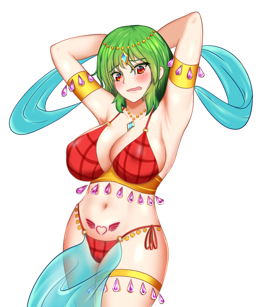 amber_eyes armlet arms_behind_head belly_dancer belly_dancer_outfit bikini blush dancer dancer_outfit dancing femsub green_hair harem_girl harem_outfit huge_breasts jewelry loincloth long_hair necklace plaid_bra pubic_tattoo puck100ml submissive_female touhou veil voluptuous yuka_kazami