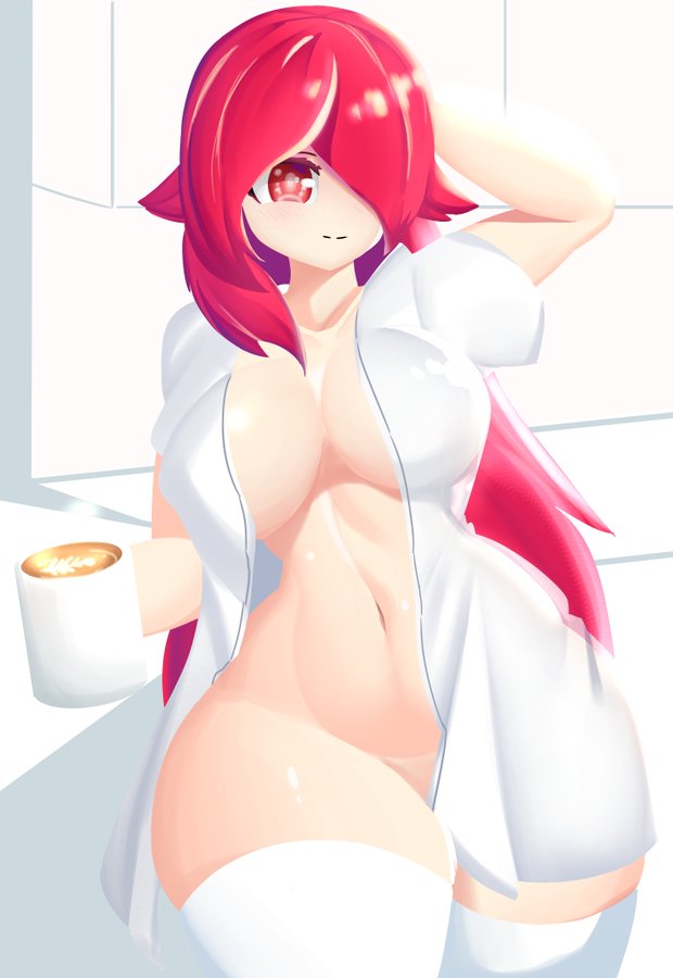 alaki_zezo belly_button big_ass big_breasts breasts holding_object huge_ass huge_hips huge_thighs oc red_eyes red_hair stockings thick_thighs thin_waist voluptuous wide_hips zico