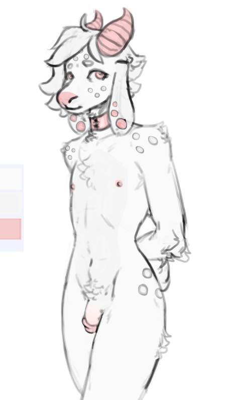 anthro bovid caprine choker crotch_tuft demon ear_piercing flaccid freckles genitals girly goat jewelry male mammal monochrome necklace nipples penis piercing short_tail solo torta_(ugly_tortilla) tuft ugly_tortilla wide_hips