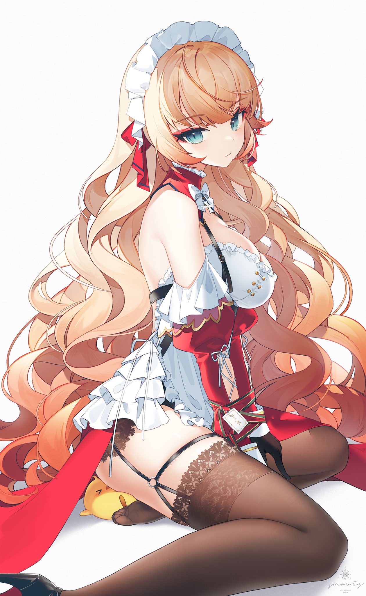 1girls, azur lane, backless outfit, bangs, blonde hair, blush, bondage, bound wrists, breasts, choker, christmas, cleavage, curly hair, detached sleeves, eyeshadow, feet, female, femsub, garter belt, garter straps, green eyes, high heels, howe (azur lane), lace-trimmed thighhighs, large breasts, light skin, light-skinned female, looking down, maid, maid headdress, maid uniform, makeup, manjuu (azur lane), naked apron, official art, red eyeshadow, revealing clothes, sitting, sitting on partner, snow is (fffafa-snow-is), swept bangs, thick thighs, thighhighs, thighs, toes, very long hair, wrapped up
