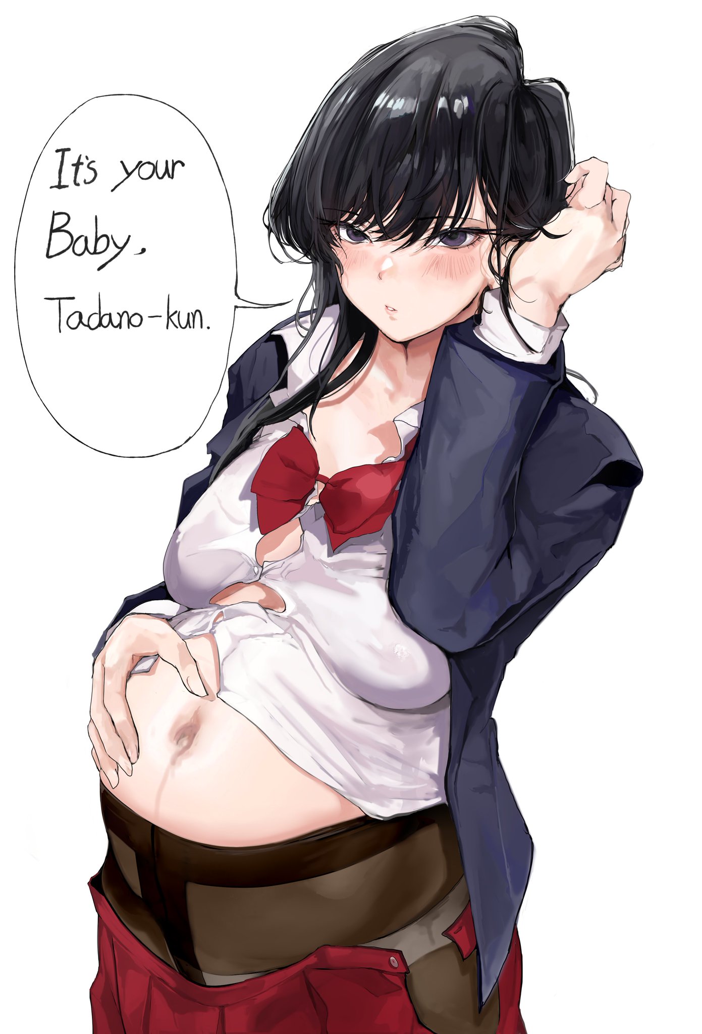 1girls, black eyes, black hair, blush, english text, female, female only, hand on belly, komi shouko, komi-san wa komyushou desu, light skin, light-skinned female, long hair, long sleeves, mamimi (mamamimi), maternity pantyhose, no bra, open shirt, panties, pantyhose, partially undressed, pregnant, school uniform, schoolgirl, solo, speech bubble, straining buttons, unbuttoned shirt, white panties