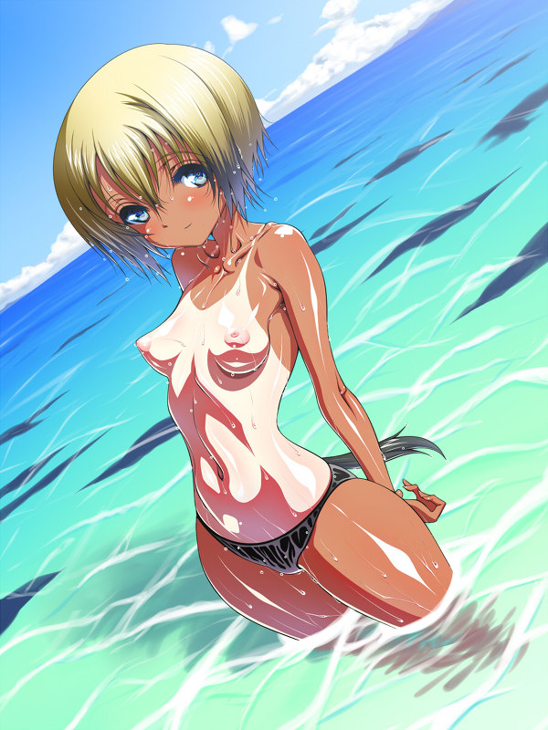 1girls areolae arms_behind_back bare_arms bare_legs bare_shoulders black_swimsuit blue_eyes blush breasts cloud clouds embarrassed erica_hartmann eyebrows eyebrows_visible_through_hair female inagaki legs looking_at_viewer navel nipples ocean outdoors paheal partially_submerged pointy_chin public_topless puffy_nipples sea short_hair sky small_breasts standing strike_witches swimsuit tan tanline thighs topless water wet yellow_hair