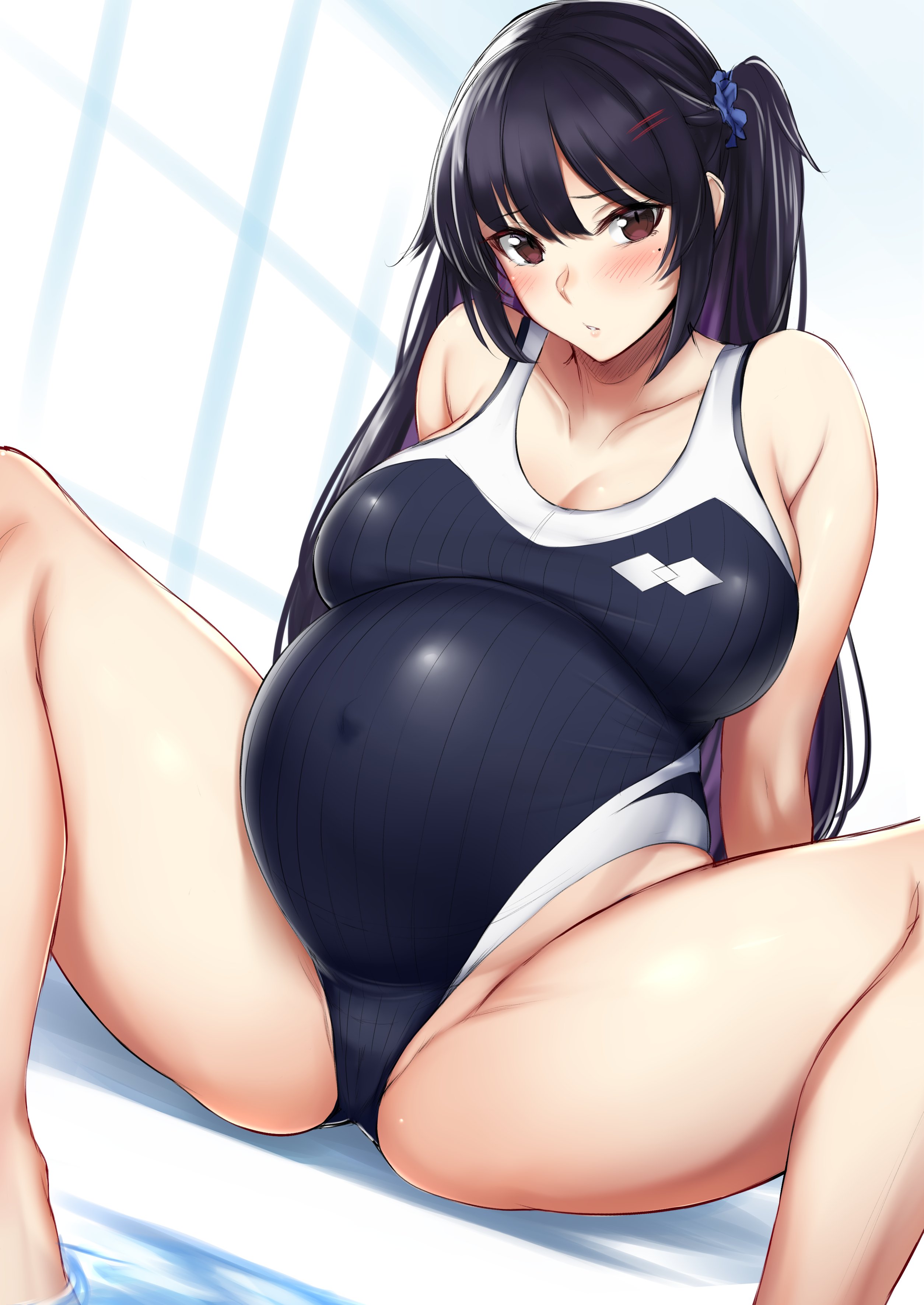arms behind back, bangs, big breasts, black hair, blush, breasts, brown eyes, female, female only, hairclip, highleg, highleg swimsuit, kusahagane, long hair, looking at viewer, mole under eye, one-piece swimsuit, original, ponytail, pregnant, scrunchie, side ponytail, sitting, solo, spread legs, swimsuit, thick thighs