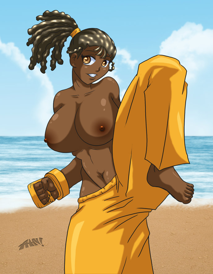 1girls abs barefoot beach black_hair breasts brown_eyes brown_skin capcom clothes color dark-skinned_female dark_skin day dee_jay desingahv dreadlocks feet female female_only front_view gloves hair human looking_at_viewer navel nipples open_eyes outdoors pants round_ears rule_63 sand sky solo straight_hair street_fighter toes topless water