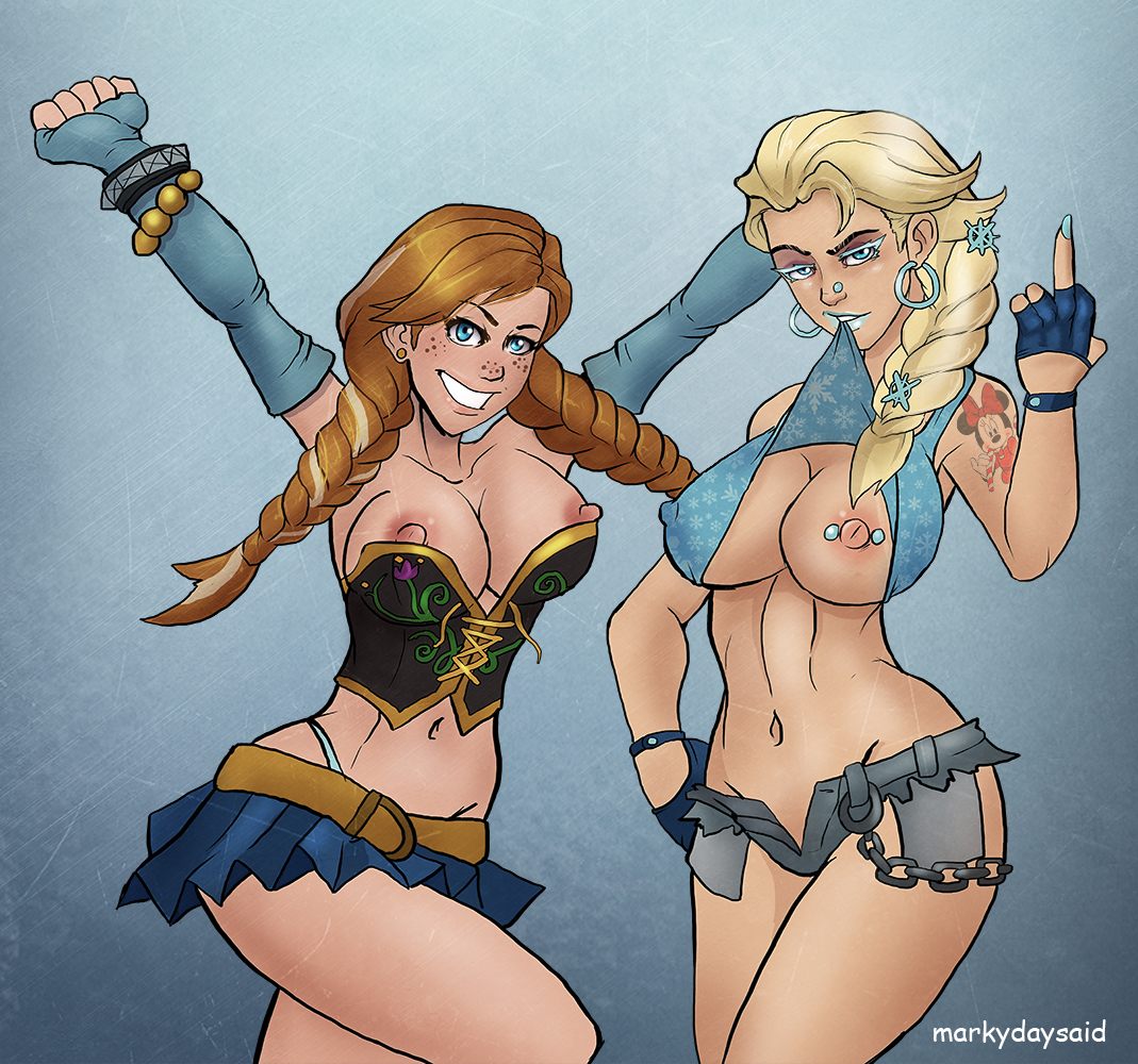 2girls, anna (frozen), areola, areola slip, blonde hair, blue eyes, braid, breasts, brown hair, busty, cleavage, corset, disney, earrings, elsa (frozen), eyeshadow, female, female only, fingerless gloves, freckles, frozen (film), gloves, hoop earrings, hotpants, human, large breasts, lipstick, makeup, markydaysaid, middle finger, multiple females, multiple girls, nail polish, navel, nipple piercing, nipple slip, nipples, no panties under hotpants, nose piercing, piercing, punk, shirt lift, shorts, siblings, single braid, sisters, skirt, smile, standing, tattoo, thong, twin braids, voluptuous, whale tail