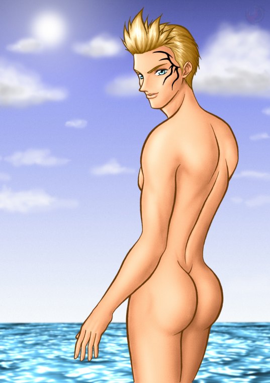 ass beige_skin blonde_hair closed_mouth color day final_fantasy final_fantasy_viii hair human looking_back male male_only nude open_eyes outdoors round_ears short_hair sky smile solo standing tattoo uncensored water zell_dincht