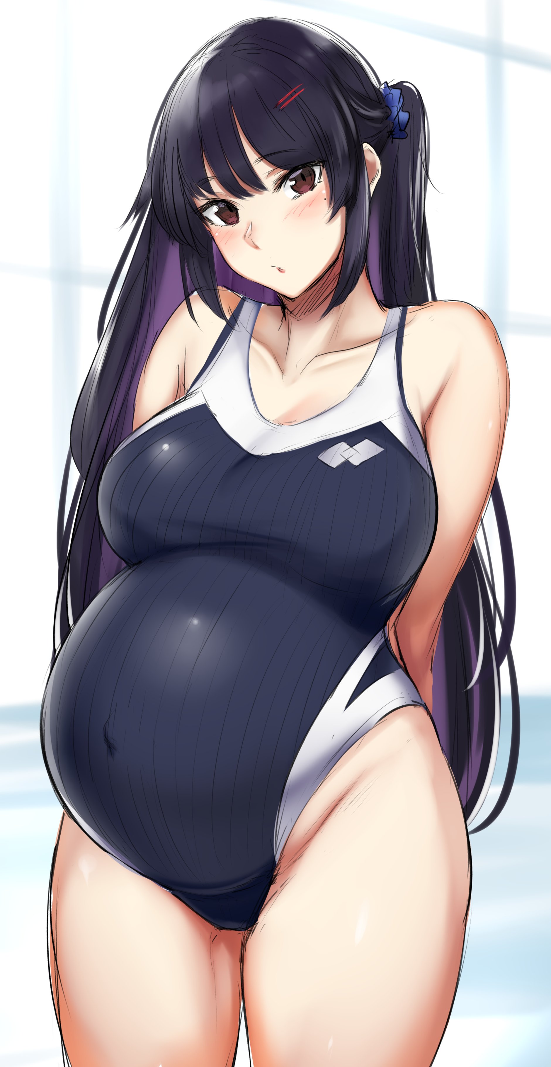 arms behind back, bangs, big breasts, black hair, blush, breasts, brown eyes, female, female only, hairclip, kusahagane, long hair, looking at viewer, mole under eye, one-piece swimsuit, original, ponytail, pregnant, scrunchie, side ponytail, solo, swimsuit, very long hair, wide hips