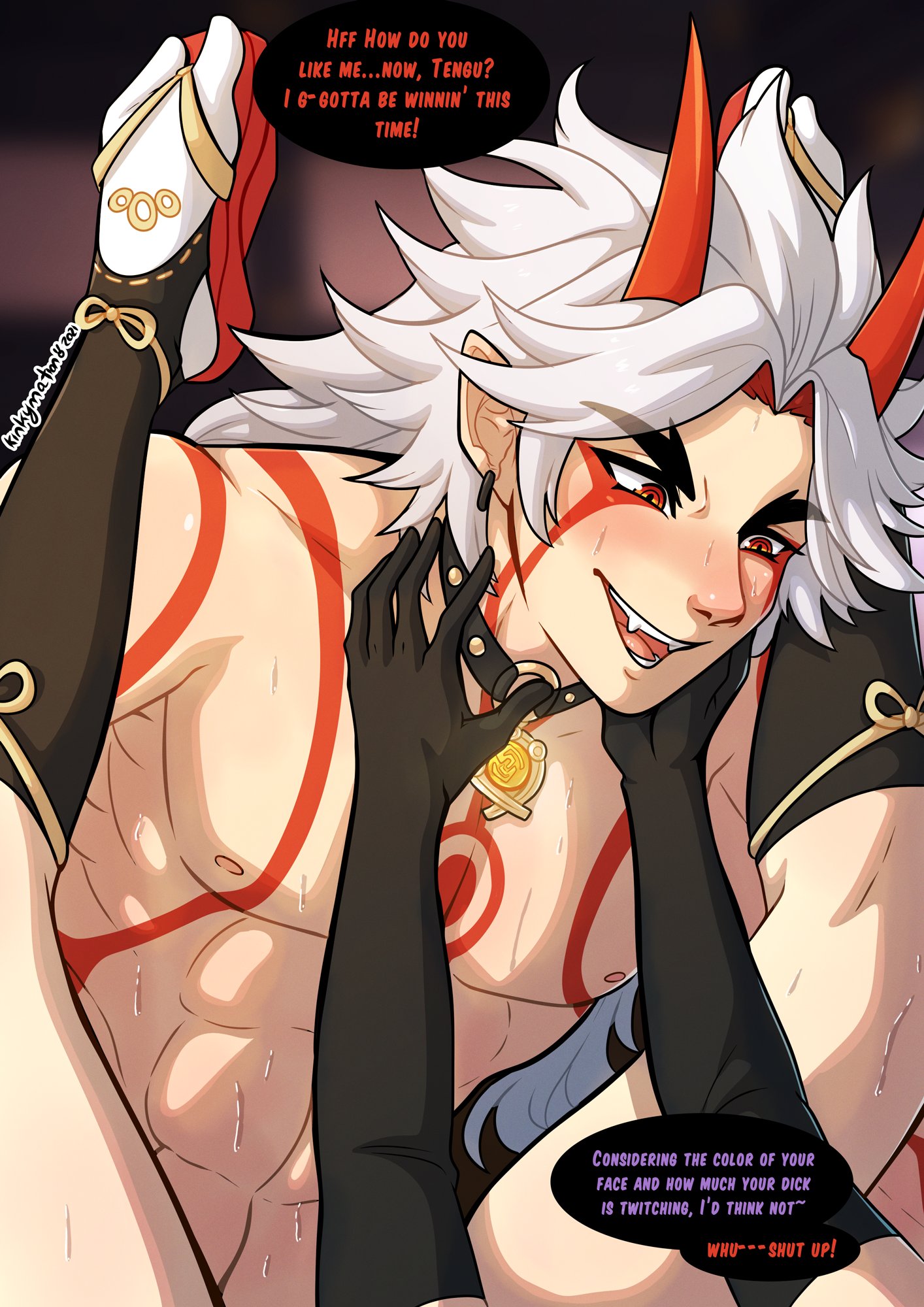 1boy, 1girls, arataki itto, blush, body markings, collar, comic, dialogue, elbow gloves, english text, fangs, female, genshin impact, hi res, horns, kinkymation, kujou sara, legs up, light skin, light-skinned female, light-skinned male, long hair, looking down, male, male focus, missionary position, muscular, muscular male, oni, oni horns, pointy ears, red eyes, sex, speech bubble, sweat, thick eyebrows, white hair