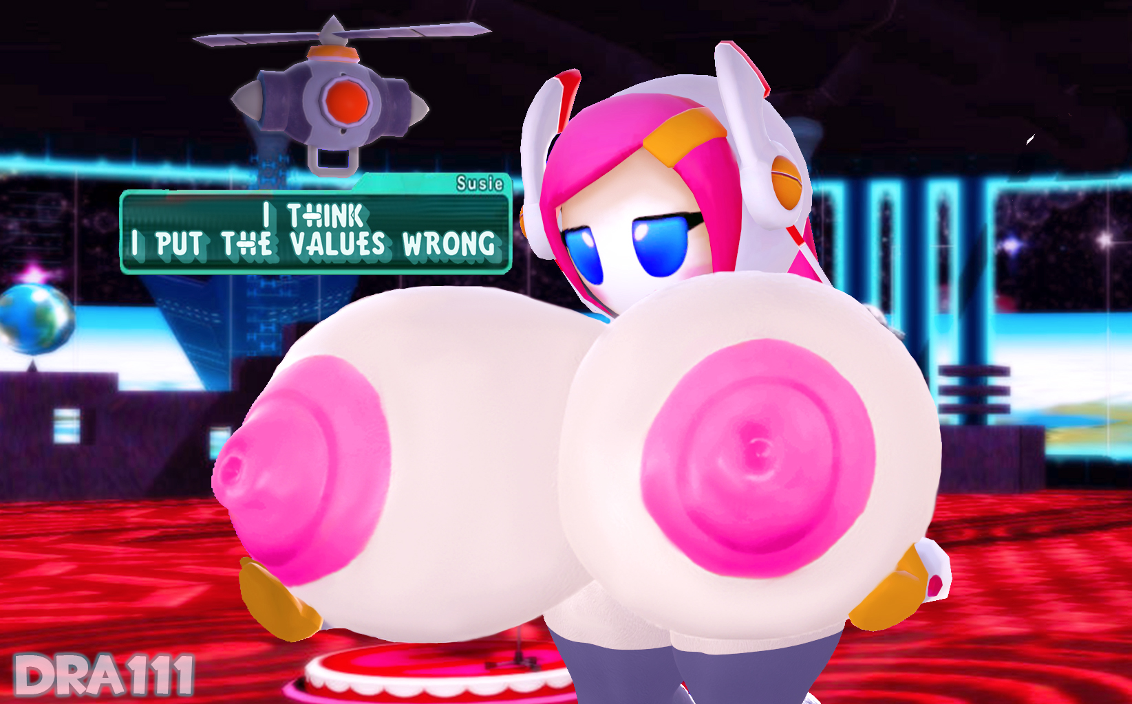 1girls, 3d, breasts, breasts out, dra111 (artist), dragon316, female, gigantic breasts, hyper breasts, kirby (series), kirby planet robobot, kirby star allies, mouthless, mouthless female, solo, susanna patrya haltmann, susie (kirby), wardrobe malfunction