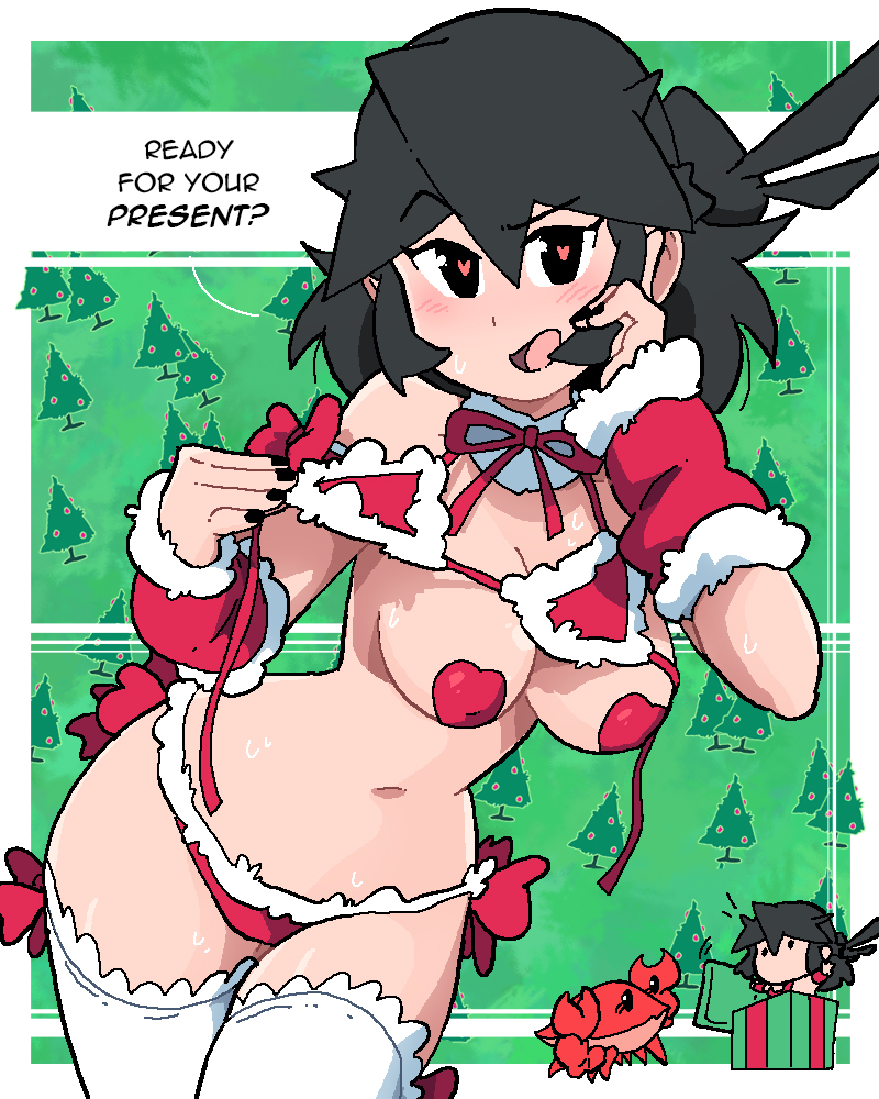 black_eyes black_hair blush bra bra_pull breasts christmas christmas_outfit crab english_text flirting heart-shaped_pupils looking_at_viewer lucia_(scott_malin) navel panties pasties red_bra red_panties red_pasties scott_malin side-tie_panties standing sweat sweatdrop tagme text the_panty_bear thighhighs