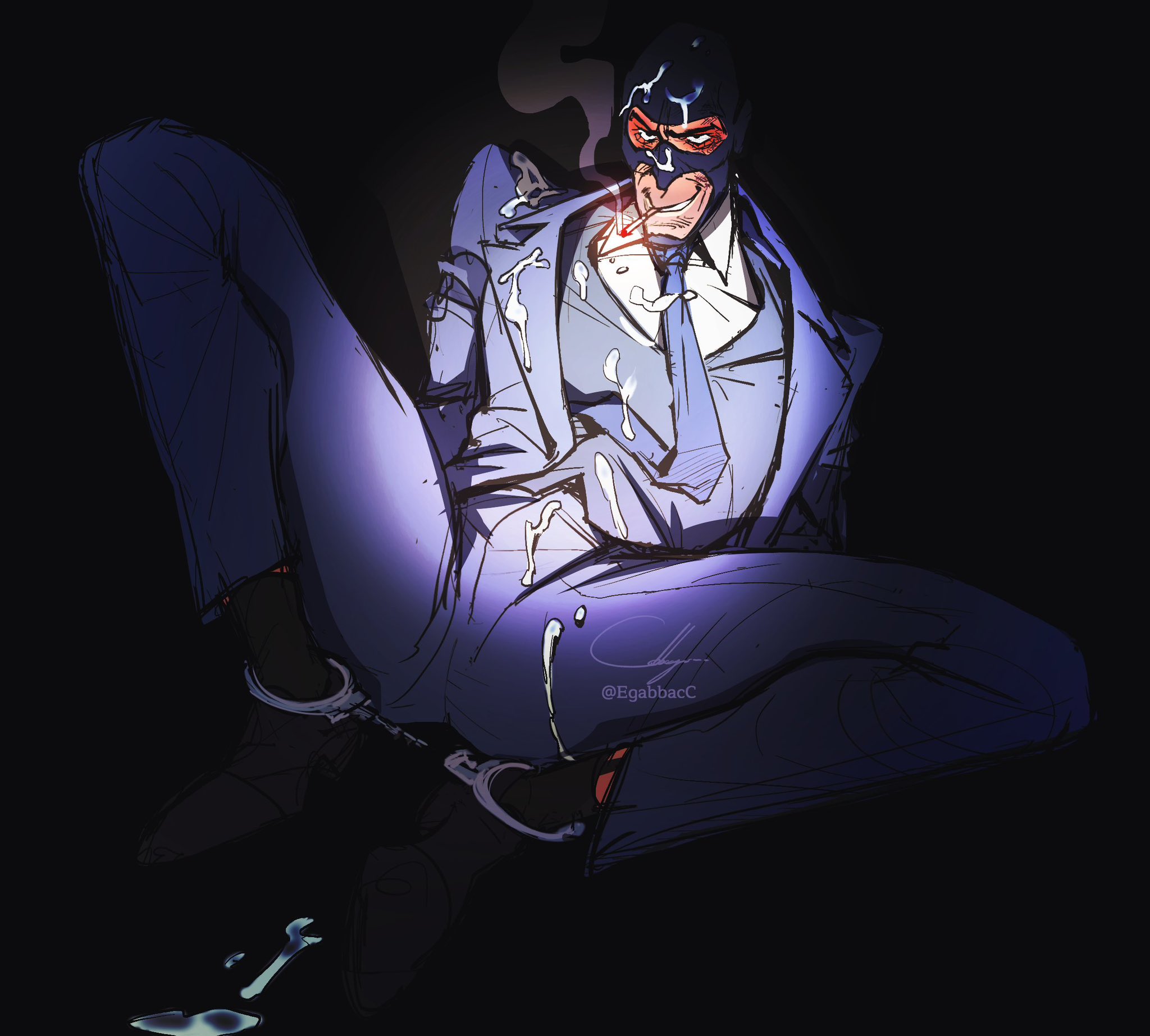 1boy, balaclava, blush, bondage, cigarette, cigarette in mouth, clothed, covered in cum, cum on body, cum on clothes, cum on upper body, cumshot, egabbacc, gay, handcuffs, implied yaoi, male, male only, masked male, no visible genitalia, skinny male, solo, spy (team fortress 2), suit, suit and tie, tagme, team fortress 2, tied up, yaoi