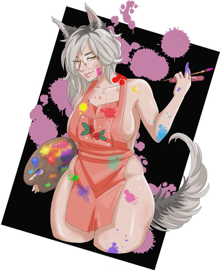 anthro anthromorph apron apron_only art artist christmas fearingfenris happy_holidays holidays merry_christmas messy nearly_naked_apron paint paintbrush painted painter pinup solo solo_female splatter wolf wolf_ears wolf_tail wolves