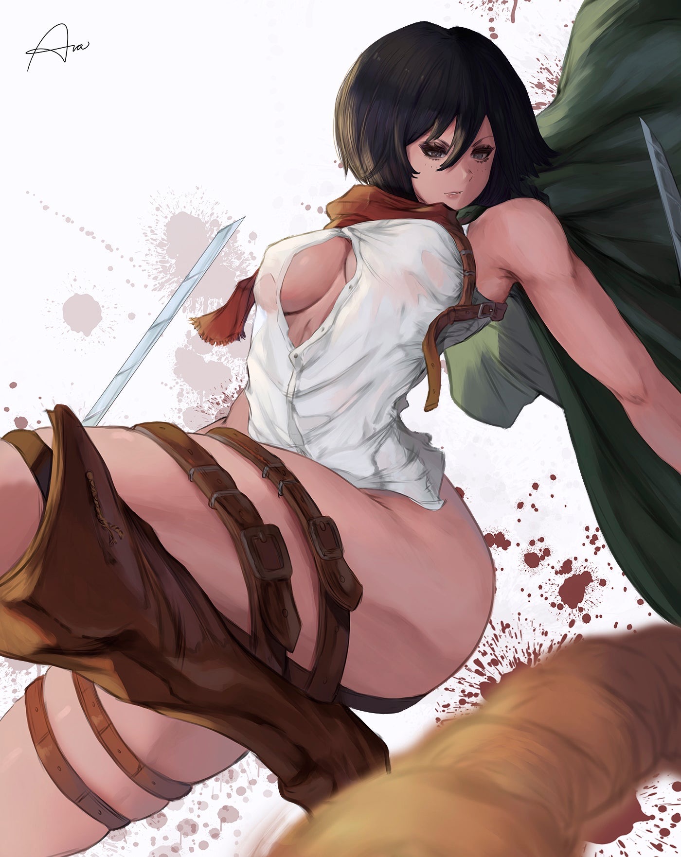 1girls, araneesama, attack on titan, black hair, black-haired female, breasts, cleavage, cutesexyrobutts (style), female, female only, leg belt, mikasa ackerman, open shirt, shingeki no kyojin, solo, tagme, thick thighs