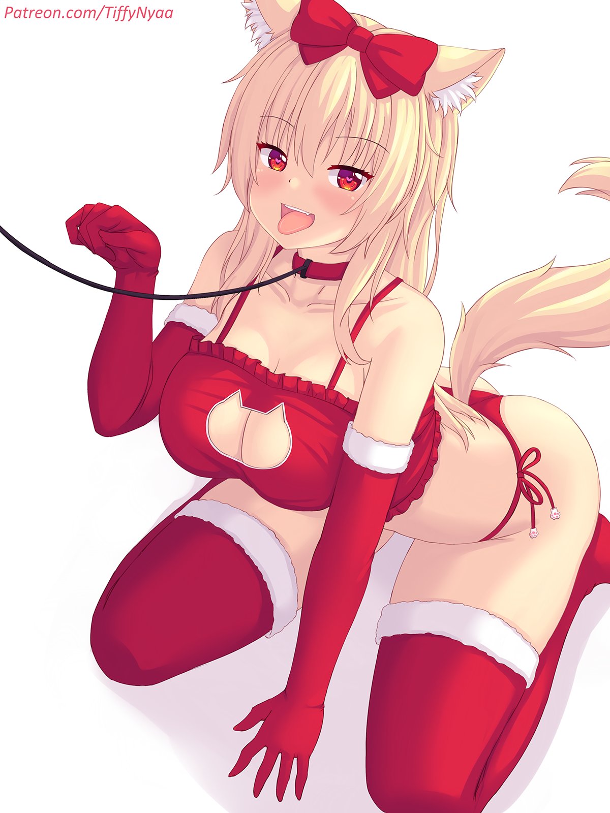 animal ears, ass, blonde hair, blush, bow, bra, breasts, cat lingerie, christmas, christmas outfit, cleavage, female, gloves, hairbow, kneeling, large breasts, leash, looking at viewer, no shoes, original, panties, paw pose, red bra, red eyes, red panties, side-tie panties, tagme, tail, thighhighs, thighs, tiffy, tiffynyaa, tongue, tongue out