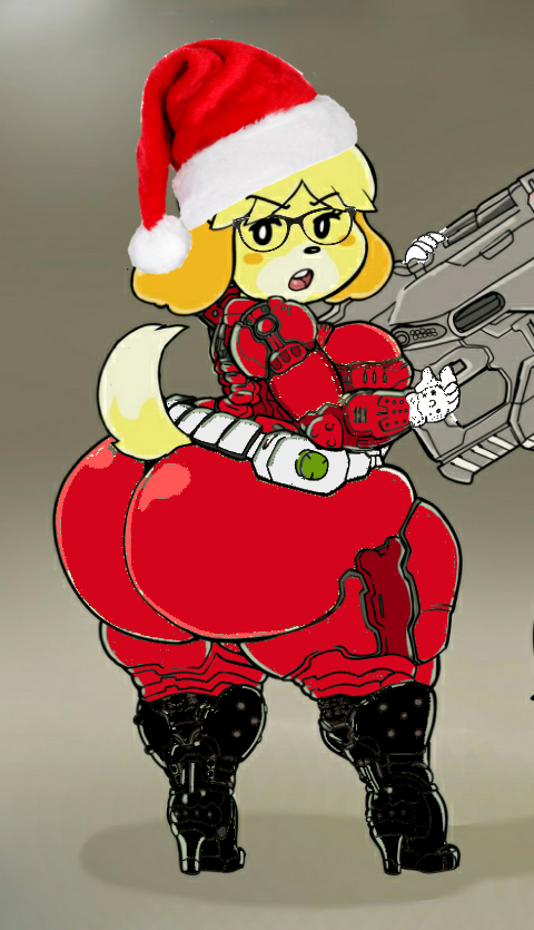 animal_crossing anthro bendacriss big_ass big_breasts black_boots blonde blonde_hair bubble_butt christmas christmas_clothing christmas_theme cute edit glasses huge_ass isabelle_(animal_crossing) nintendo red_armor santa_claus_(cosplay) santa_costume santa_hat spankable tagme thick thick_ass thick_thighs