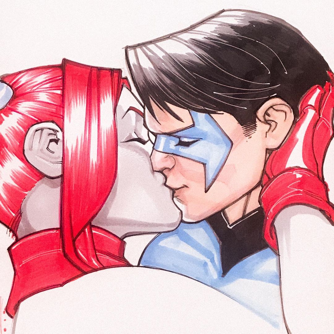 1boy, 1girls, batman (series), chad hardin, dc, dc comics, dick grayson, female, harley quinn, kissing, male, nightwing, straight