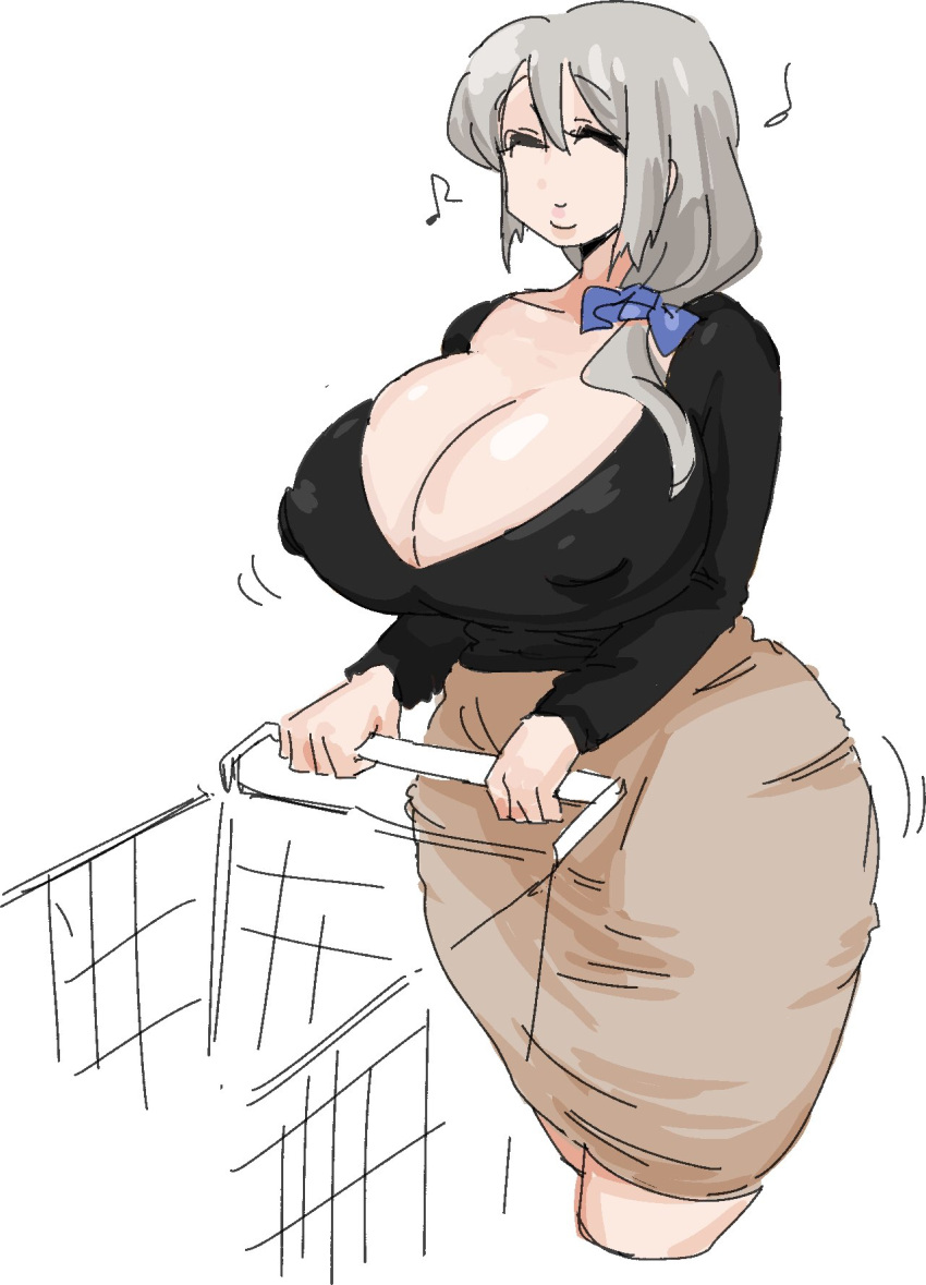 1girls, artist request, breasts, closed eyes, curvy, female, hairbow, huge breasts, long hair, milf, no bra, older female, shopping, shopping cart, solo, tagme, uzaki tsuki, uzaki-chan wa asobitai!, venus body, voluptuous, white background