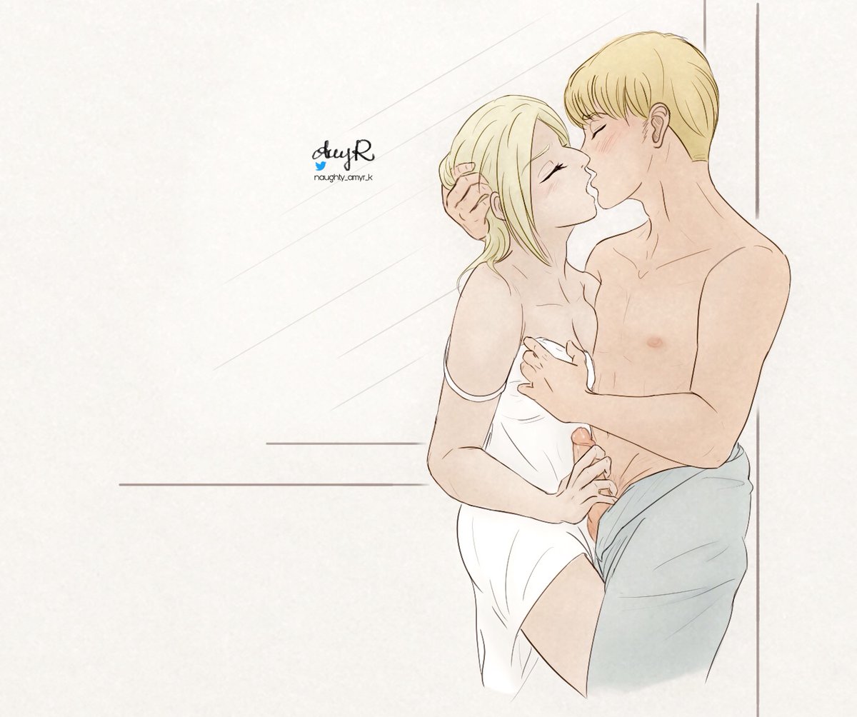 annie leonhardt, armin arlert, attack on titan, blonde hair, blue eyes, breast grab, breasts, closed eye, female, handjob, kissing, male, naughty amyr k, pants down, penis, romantic couple, shingeki no kyojin, touching hair