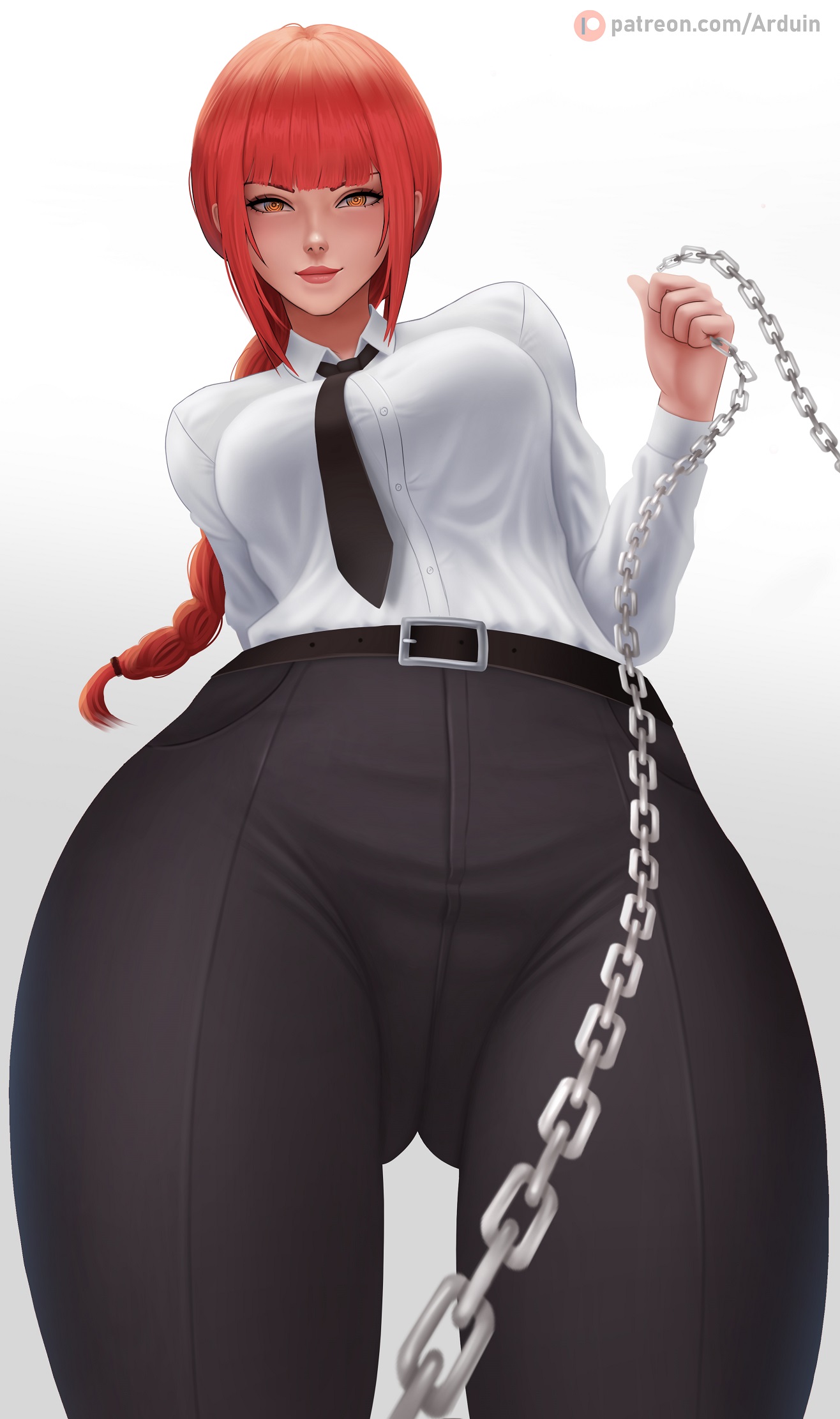 1girls, arduin (arduin art), arduina, belt, braided hair, braided ponytail, chain leash, chainsaw man, female, female only, leash, leashed pov, long hair, looking down, looking down at viewer, makima (chainsaw man), necktie, pants, ponytail, red hair, shirt, smile, tight clothes, tight clothing, tight pants, viewer on leash, yellow eyes