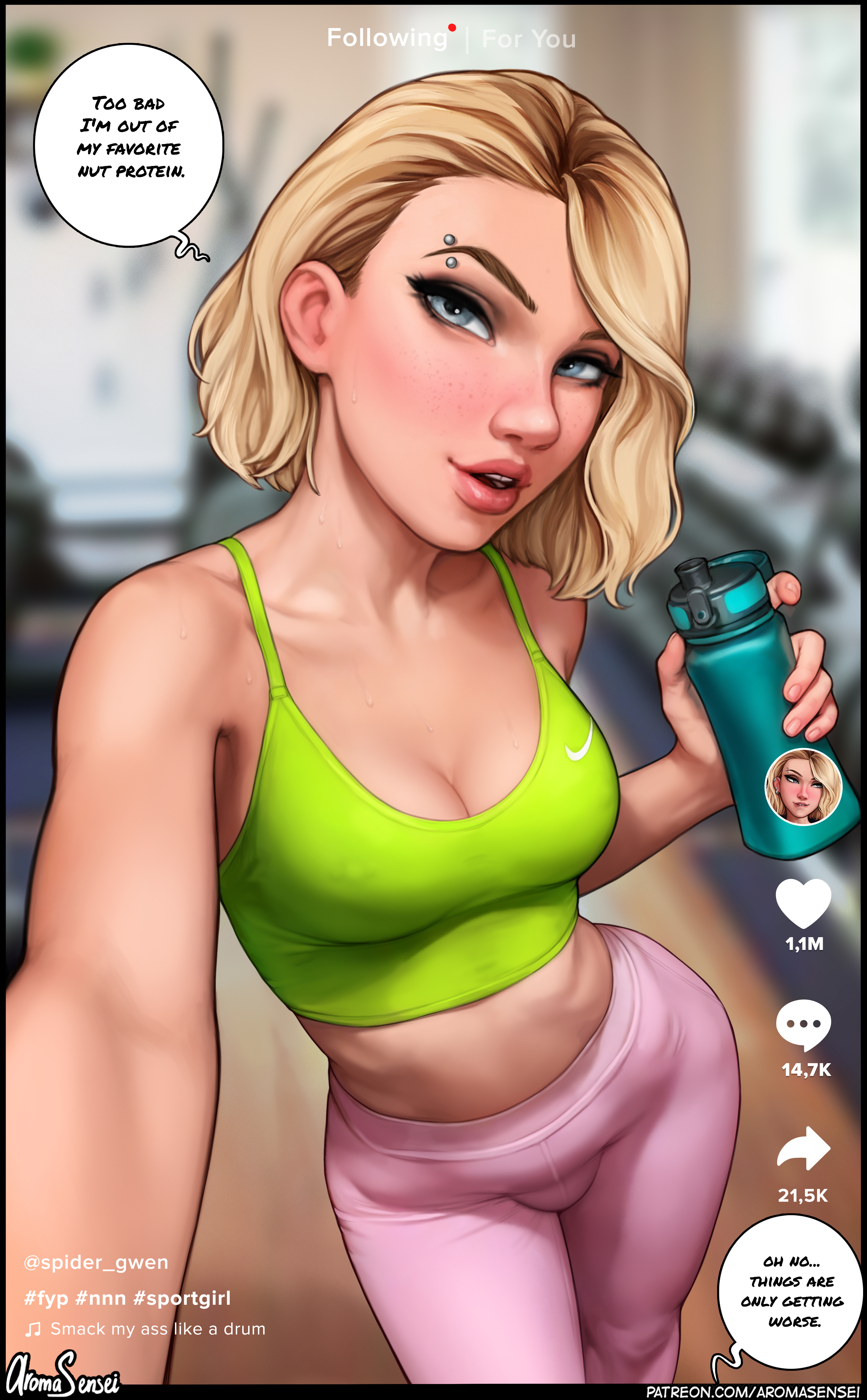 1futa, areolae, aroma sensei, breasts, clothed, clothing, dialogue, fully clothed, futa only, futanari, gwen stacy, human, human only, intersex, light skin, light-skinned futa, marvel, marvel comics, no nut november, no visible genitalia, selfie, solo, spider-gwen, spider-man (series), text