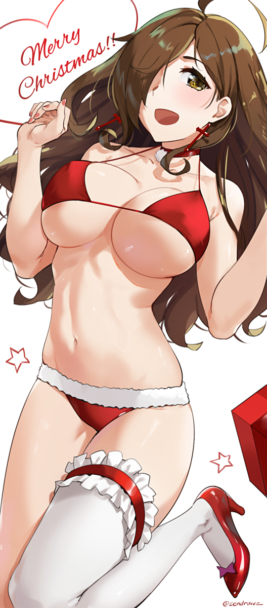 1girls, bikini, breasts, christmas, female, garter, high heels, kono subarashii sekai ni shukufuku wo!, large breasts, nail polish, red nails, sendrawz, smile, thighhighs, wiz (konosuba)