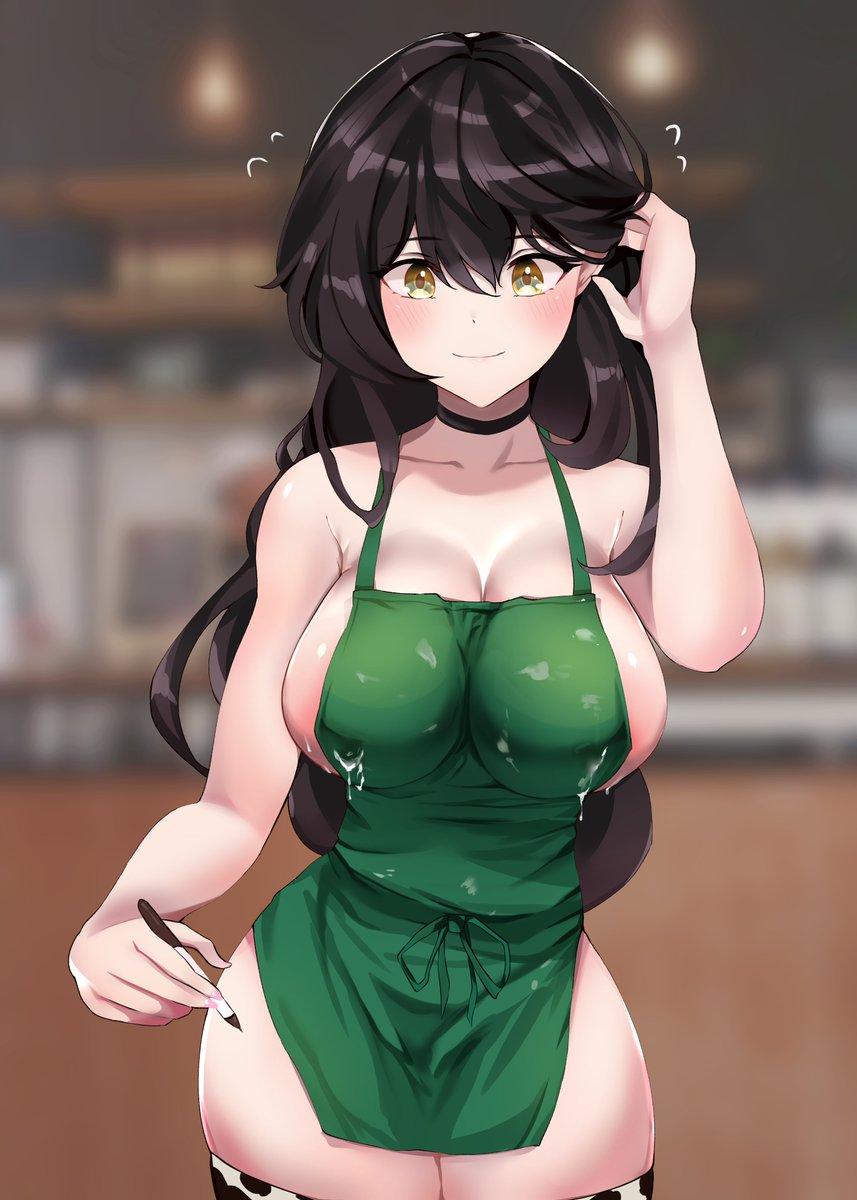 1girls, akira7pc, apron, blush, breasts, brown hair, cow print, cow print thighhighs, dark brown hair, female, hips, holding object, hourglass figure, iced latte with breast milk, indoors, lactating, lactating through clothing, lactation, lactation through clothes, meme, naked apron, pen, solo, solo female, thighhighs, thighs, yellow eyes