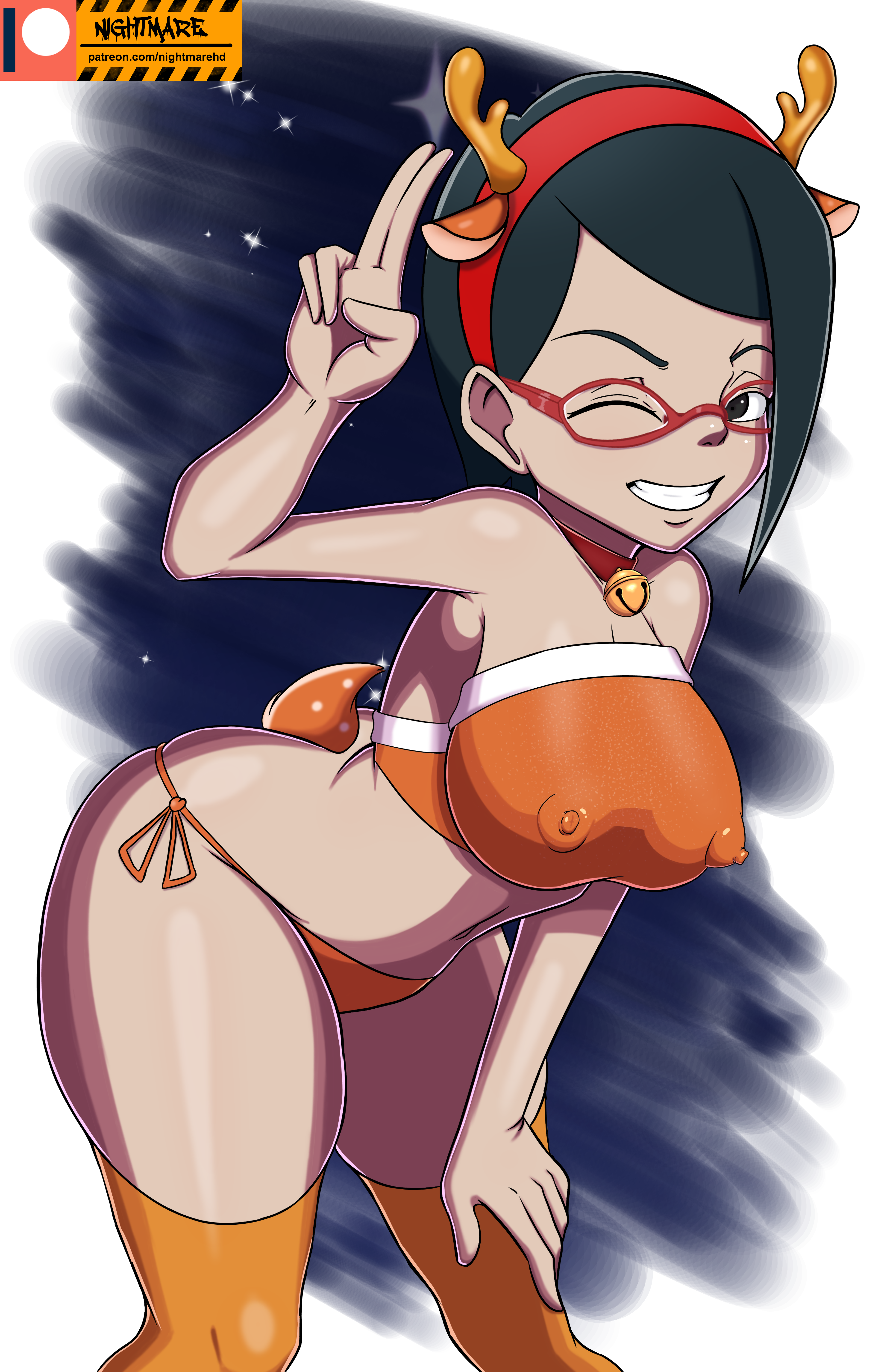 animal costume, artist name, bent over, black hair, boruto: naruto next generations, breasts, christmas outfit, erect nipples, erect nipples under clothes, female, glasses, high resolution, knees together feet apart, large filesize, leaning forward, looking at viewer, medium breasts, naruto, naruto (series), navel, night sky, nightmare hdraw, nipples, one eye closed, patreon url, reindeer costume, reindeer tail, sarada uchiha, short hair, side tie panties, simple background, skindentation, smile, thick thighs, thighhighs, three-quarter portrait, tubetop, very high resolution