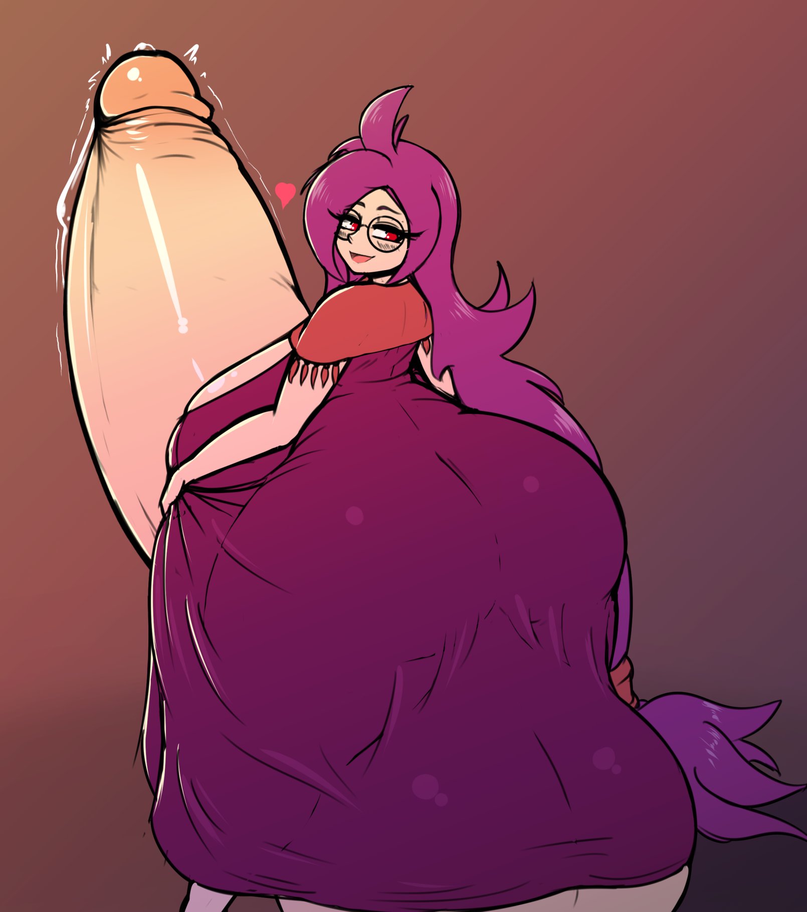 1futa, ass, back, back view, backsack, bad anatomy, balls, ballsack, big ass, big balls, big butt, big testicles, breasts, busty, clothed, clothing, curvy, curvy body, dickgirl, erect penis, erection, erection under clothes, exposed penis, fibilis, futa only, futanari, giant penis, gigantic ass, gigantic balls, gigantic butt, gigantic penis, gigantic testicles, glasses, huge ass, huge balls, huge breasts, huge butt, huge cock, huge hips, huge penis, huge testicles, human, hyper balls, hyper hips, hyper penis, hyper testicles, intersex, large ass, large balls, large butt, large penis, light skin, light-skinned futa, long hair, looking back, looking back at viewer, massive ass, massive butt, mostly clothed, pale skin, penis, penis out, purple hair, red eyes, smile, solo, solo futa, standing, testicles, thick penis, wide hips