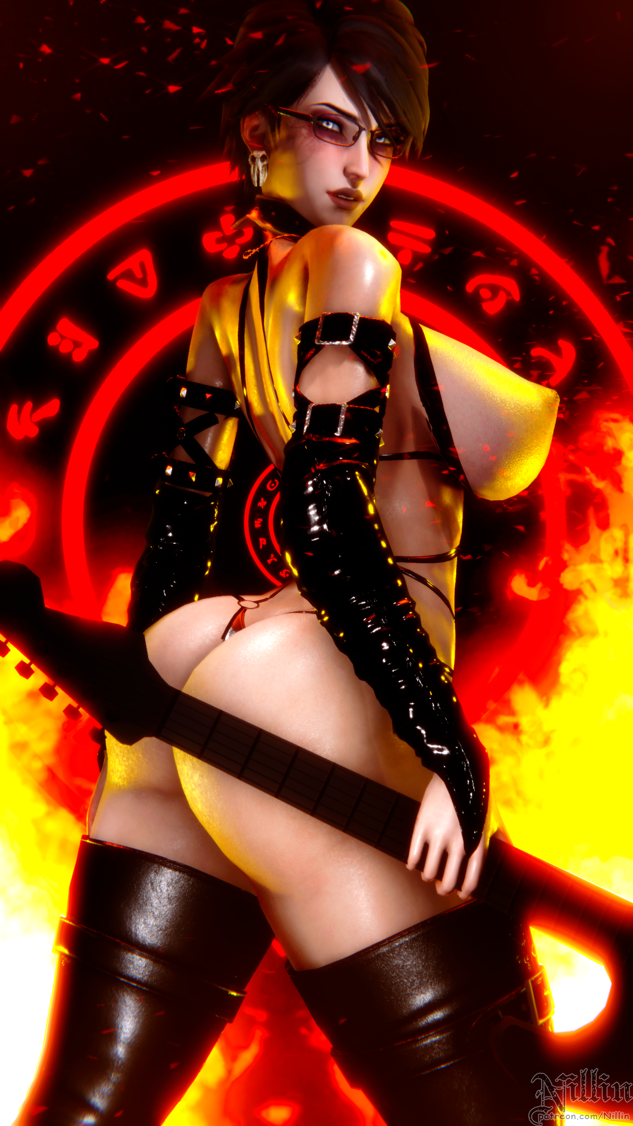 3d, 4k, ass, bayonetta, bayonetta (character), bayonetta 2, black hair, breasts, curvy female, fat ass, female, female focus, female only, goth, gothic, high resolution, huge ass, huge breasts, looking at viewer, nillin (artist), nintendo, short hair, solo, taken from behind, thick thighs, thong, wallpaper