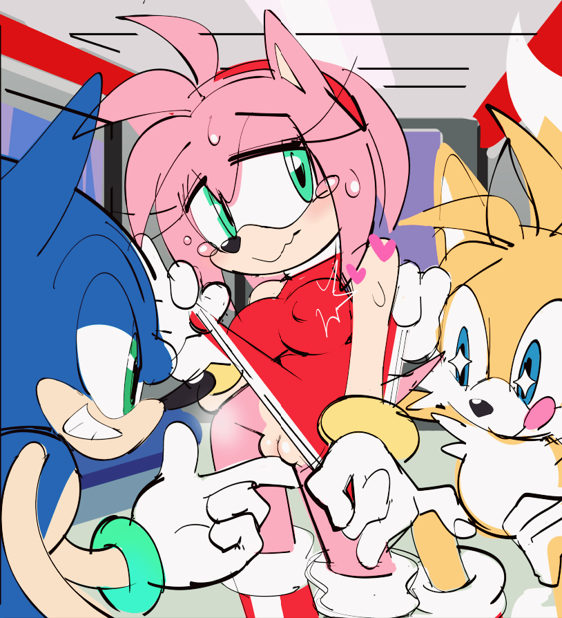 amy_rose anthro boots bottomless bottomless_footwear bottomless_skirt clothing embarrassed erect_nipples erect_nipples_under_clothes flashing nipple_bulge no_panties pink_fur pink_hair sonic_(series) sonic_adventure sonic_the_hedgehog tails upskirt watatanza