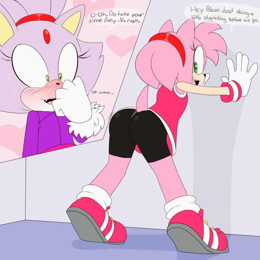 2girls, alternate costume, amy rose, aroused, athletic, athletic female, bike shorts, blaze the cat, blush, clothing, compression shorts, dialogue, domestic cat, eulipotyphlan, feline, female, furry, gloves, green eyes, gym clothes, hairband, heart, hedgehog, leggings, looking back, mario and sonic at the olympic games, pink fur, pink hair, presenting, presenting hindquarters, purple fur, reaction image, sega, shaking lines, sneakers, sonic (series), sonic the hedgehog (series), spats, sports uniform, stretching, sweat, tail, text, yellow eyes, yuri
