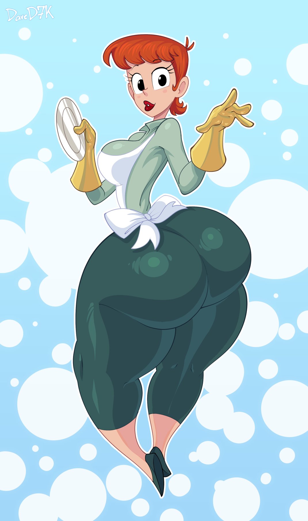 1girls, 2022, apron, armwear, ass, big ass, big breasts, big lips, black eyes, bottomwear, breasts, bubble ass, bubble butt, cartoon network, clothing, daredemon7000, dexter's laboratory, dexter's mom, fat ass, female, female only, full body, gloves, green pants, green shirt, hair, heels, huge ass, large ass, latex, latex gloves, legs, lips, lipstick, looking at viewer, mature, mature female, milf, orange hair, pants, plate, red lips, red lipstick, shirt, sideboob, solo, thick lips, thick thighs, thighs, thin waist, white apron, yellow gloves