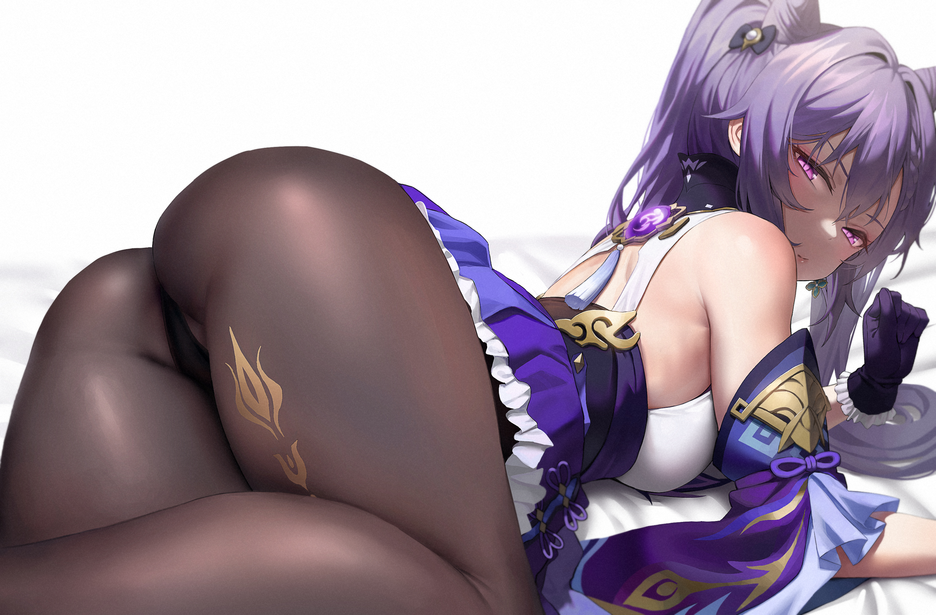 1girls, absurd res, ass, ass focus, ass up, back view, bare shoulders, big ass, big butt, black leggings, black panties, blush, breasts, dress, female, from behind, genshin impact, gloves, hairbow, hi res, highres, huge ass, huge butt, keqing (genshin impact), large ass, long hair, looking at viewer, looking back, lying, lying down, lying on stomach, mochirong, panties, pantyhose, pigtails, plain background, purple hair, see-through, see-through clothing, sheets, shoulders, simple background, skirt, skirt up, solo, thick, thick ass, thick thighs, thighs, tights, twintails, underwear, viewed from behind, vision (genshin impact), white background