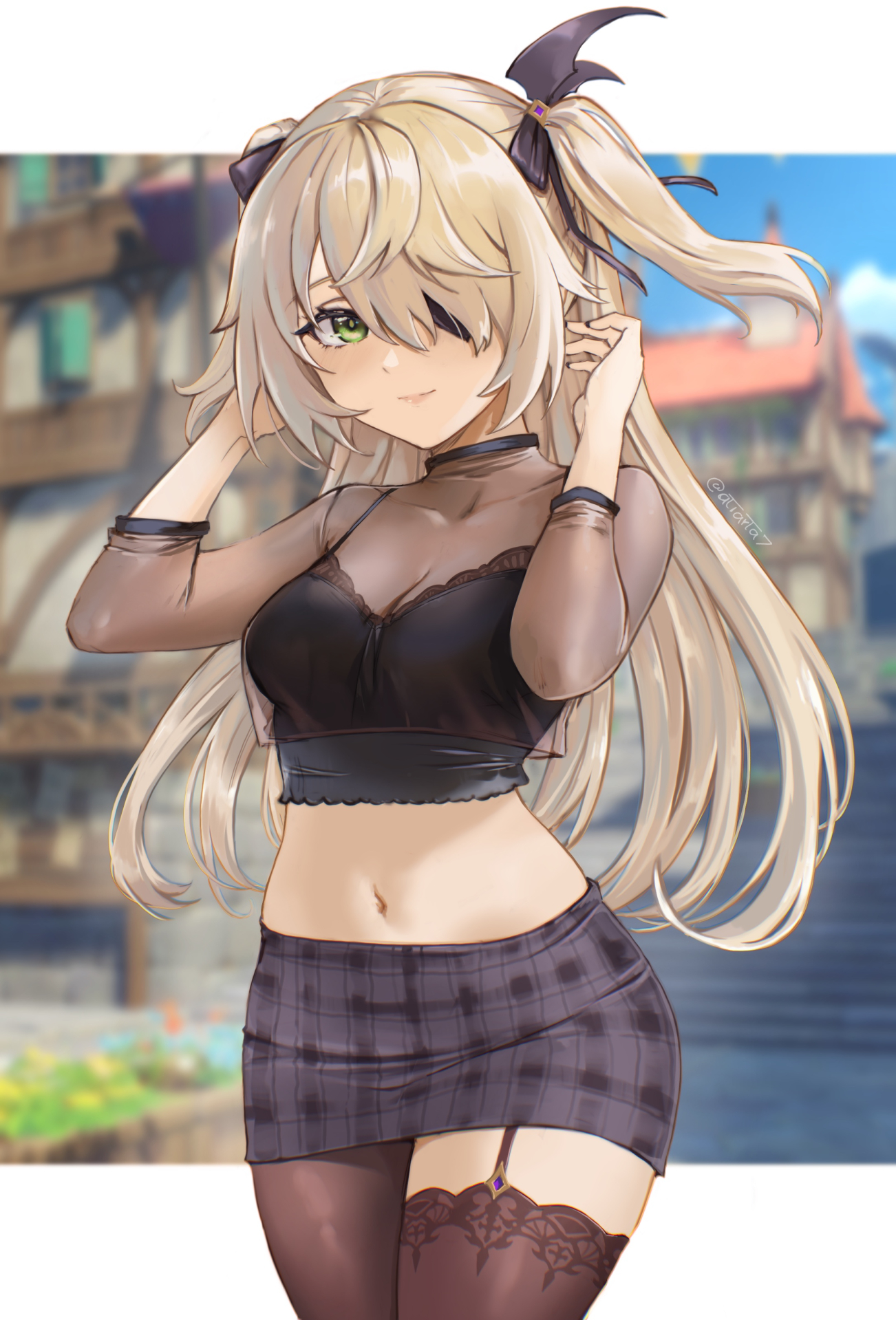 1girls, atiarta7, belly, black legwear, blonde hair, blush, breasts, casual, cleavage, clothing, cute, eyepatch, female, female only, fischl (genshin impact), garter straps, genshin impact, green eyes, hair ribbon, hi res, looking at viewer, midriff, miniskirt, navel, skirt, smile, tank top, thighhighs, twintails